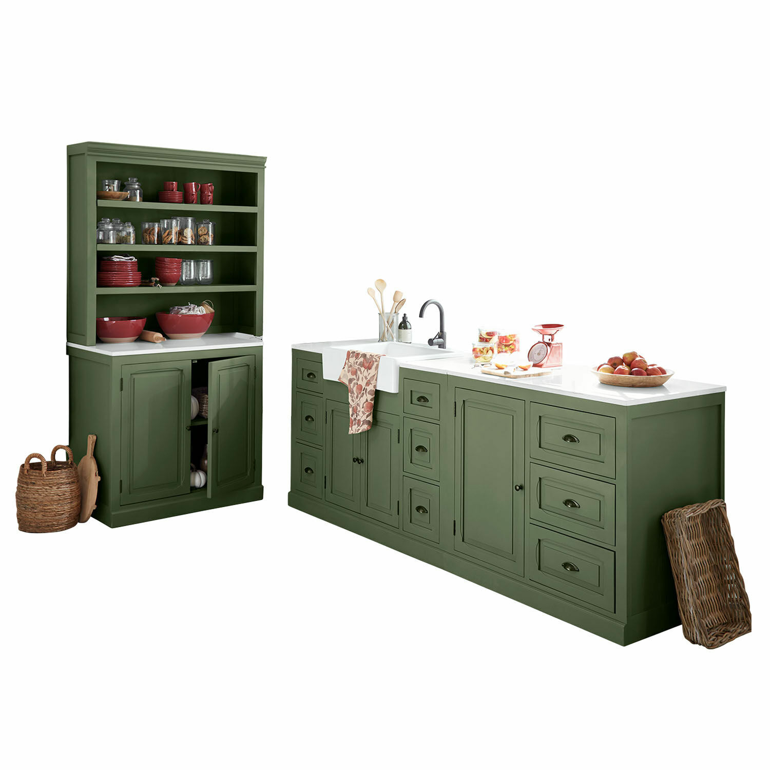 Keukenkast set van 4 Lansbury Groene houten keuken met wit werkblad, rood servies en gootsteen, praktische kasten