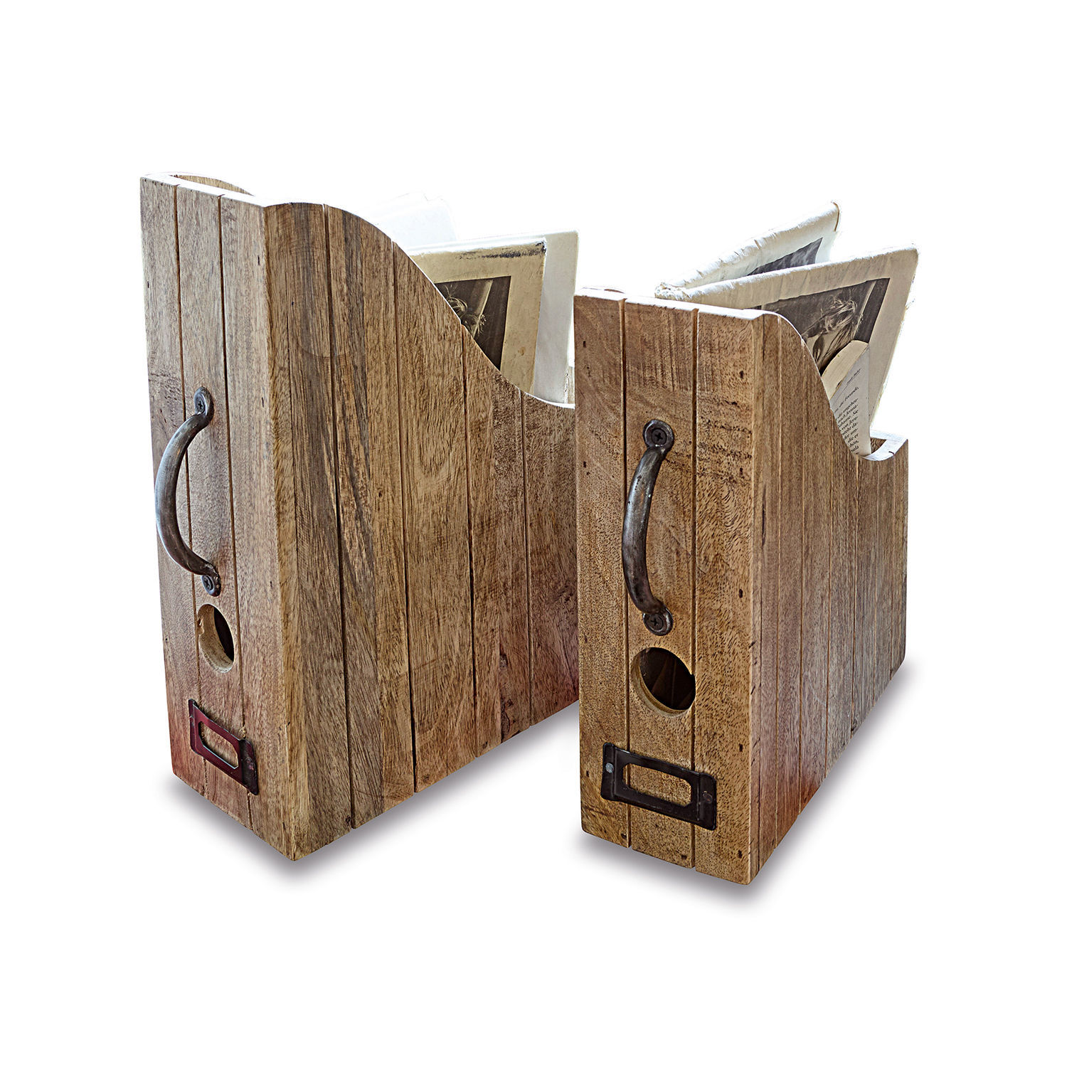 Tijdschriftencassette set van 2 Kardifa Houten tijdschriftenhouders met metalen handgrepen in natuurlijke houtkleur voor nette opberging
