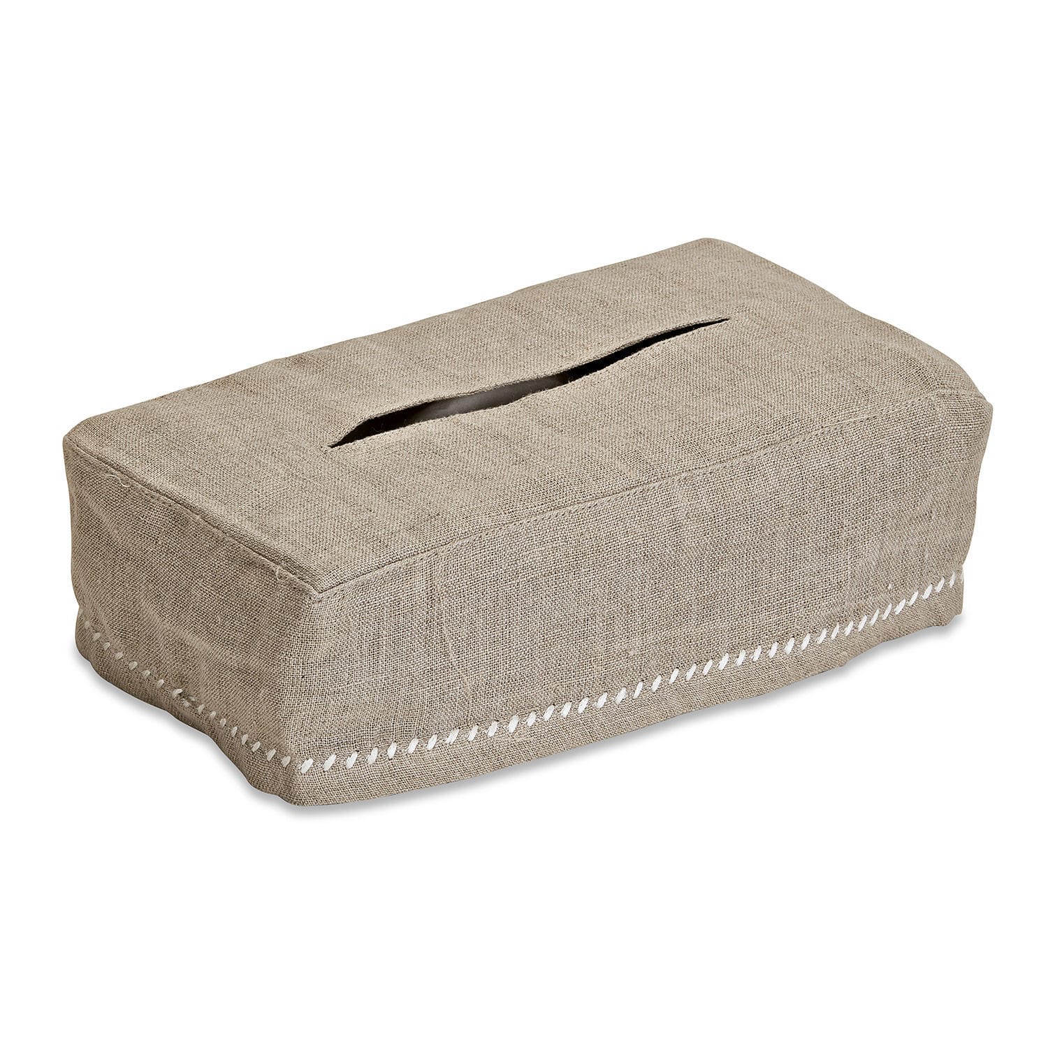 Beige linnen hoes voor zakdoos met witte siernaad, decoratief woonaccessoire