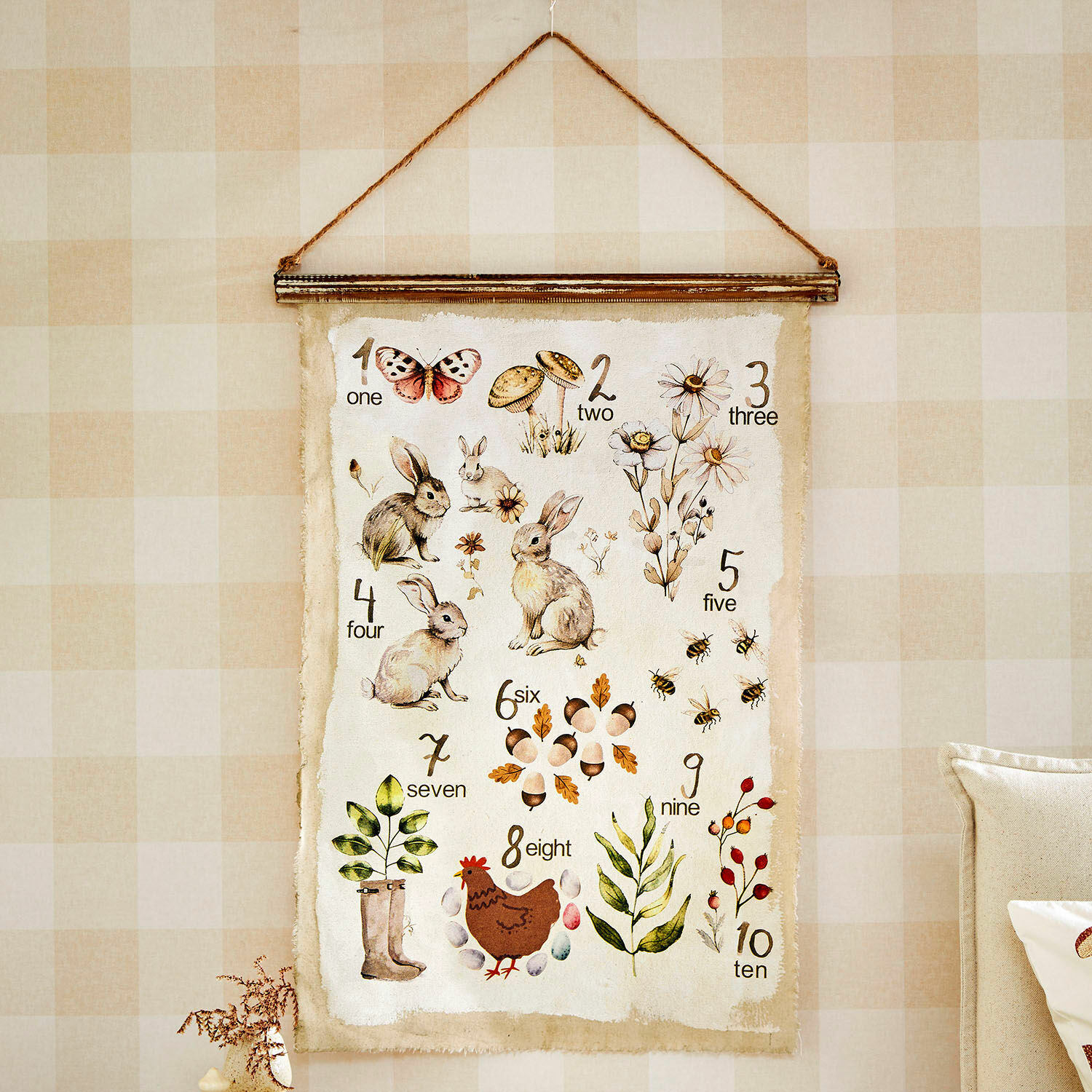 Poster Kalhira Decoratieve wandposter met cijfers en illustraties van dieren en planten in natuurlijke kleuren