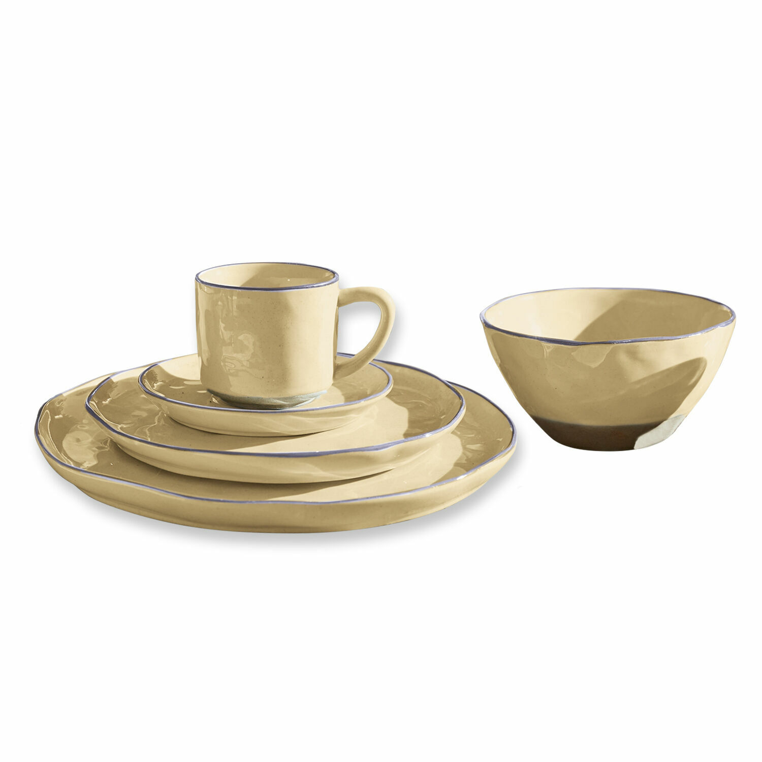 Servies set van 30 Biarré Keramisch servies in crèmekleur met blauwe rand, borden en kopje voor de eettafel