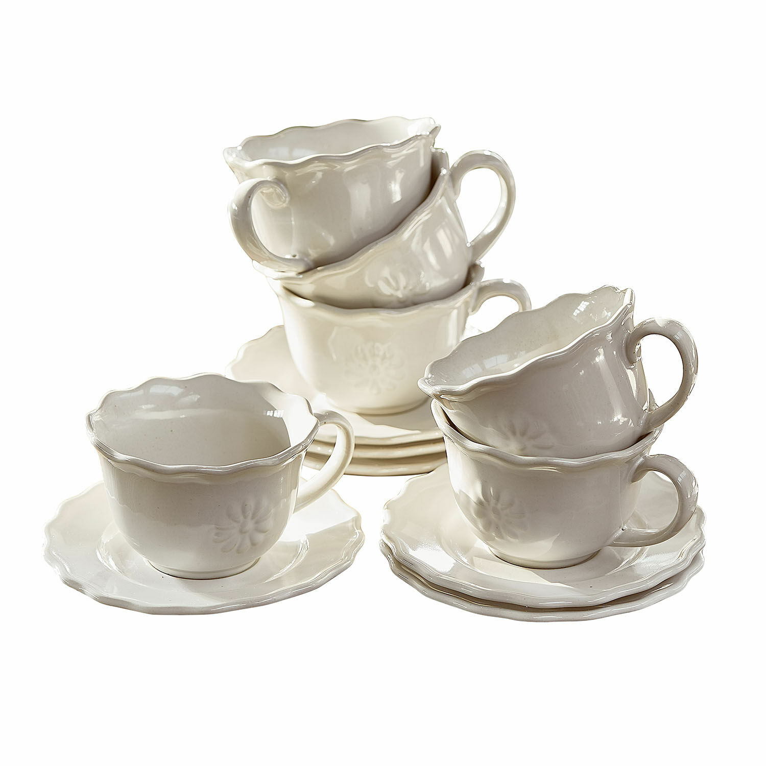 Kopje met schoteltje set van 6 Mallevesse Set witte keramische kopjes en schotels met fijn bloemmotief voor thee