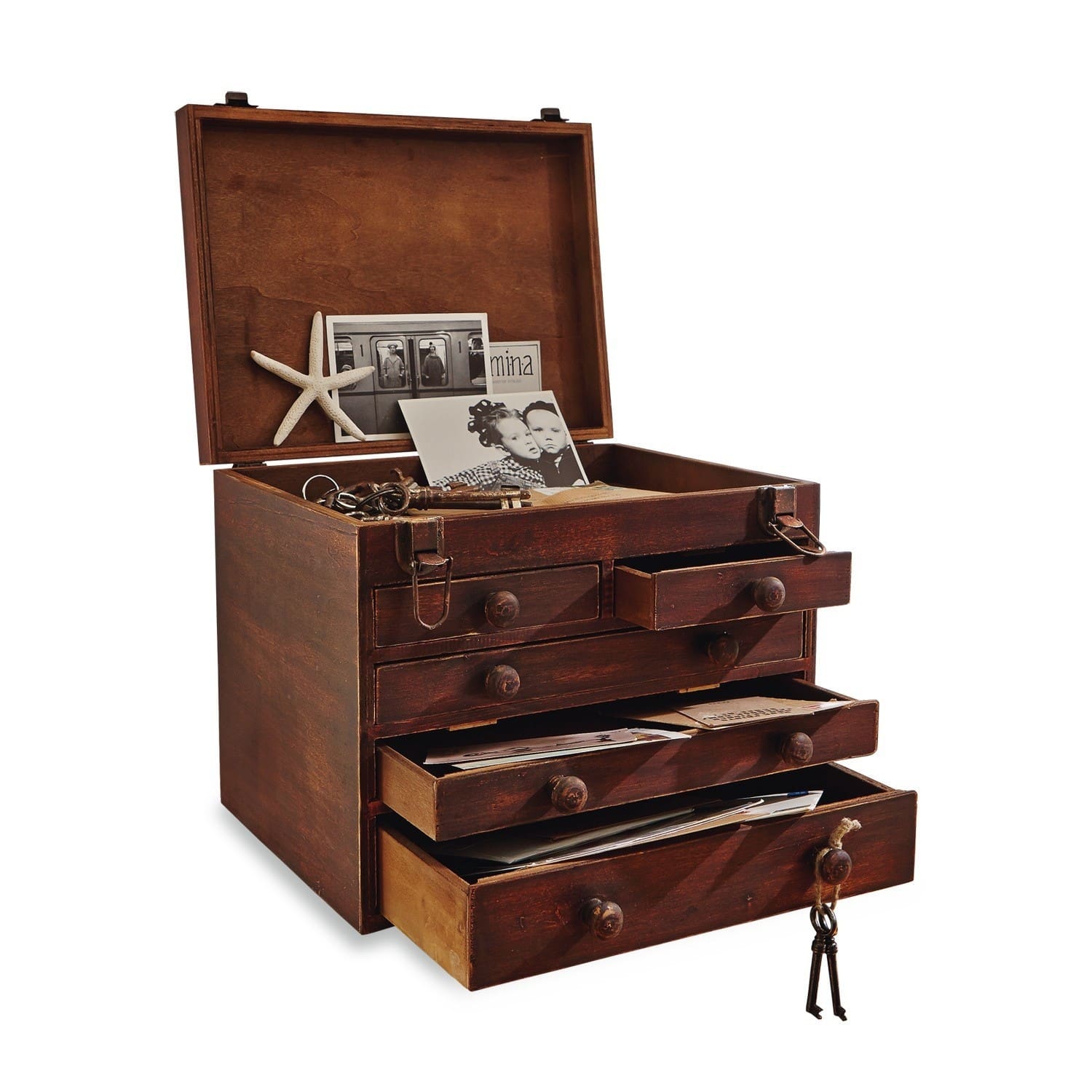 Tafelsecretaire Clearfield Houten doos met lades en open deksel, sleutels en foto's binnenin, vintage stijl