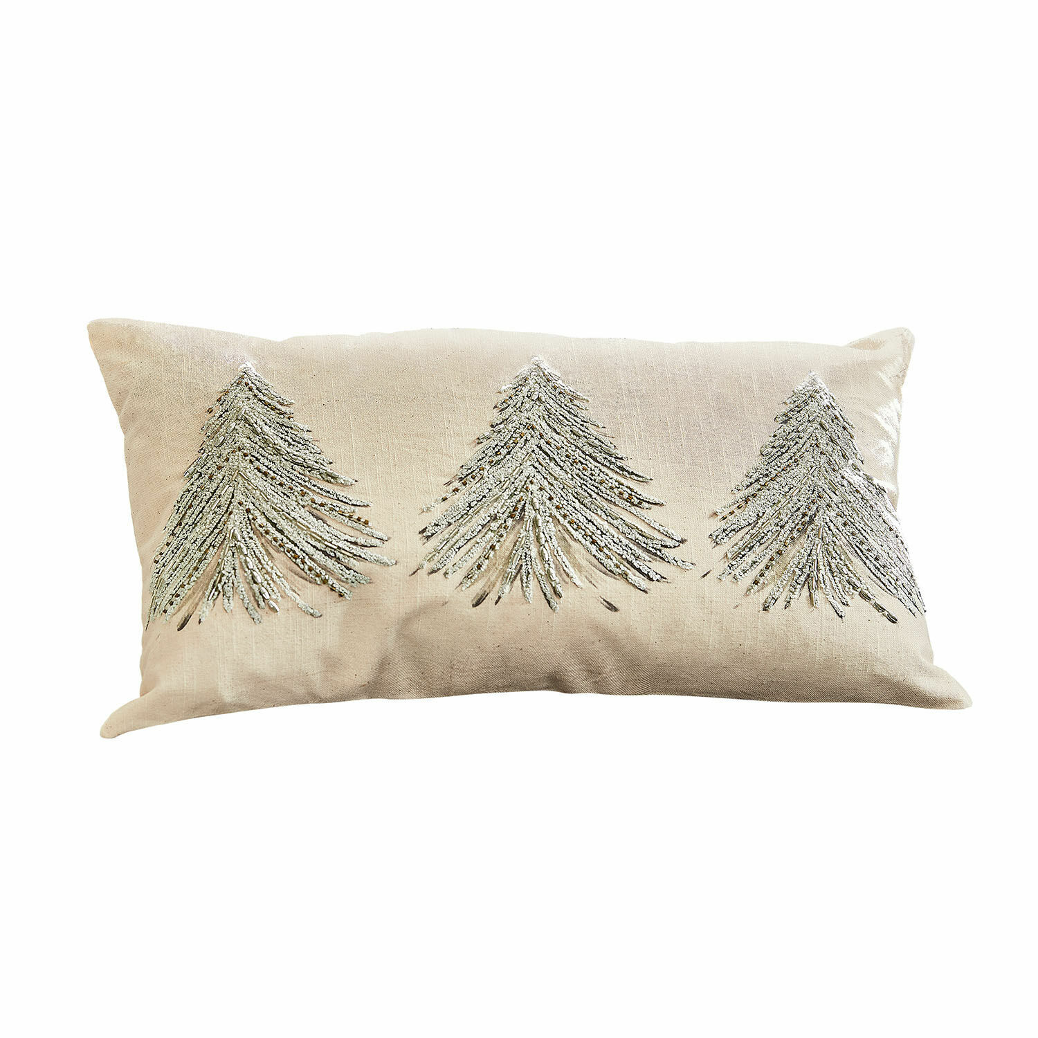 Kussenhoes Amandique Beige katoenen sierkussen met zilveren kerstboom borduursels voor sfeervolle woondecoratie