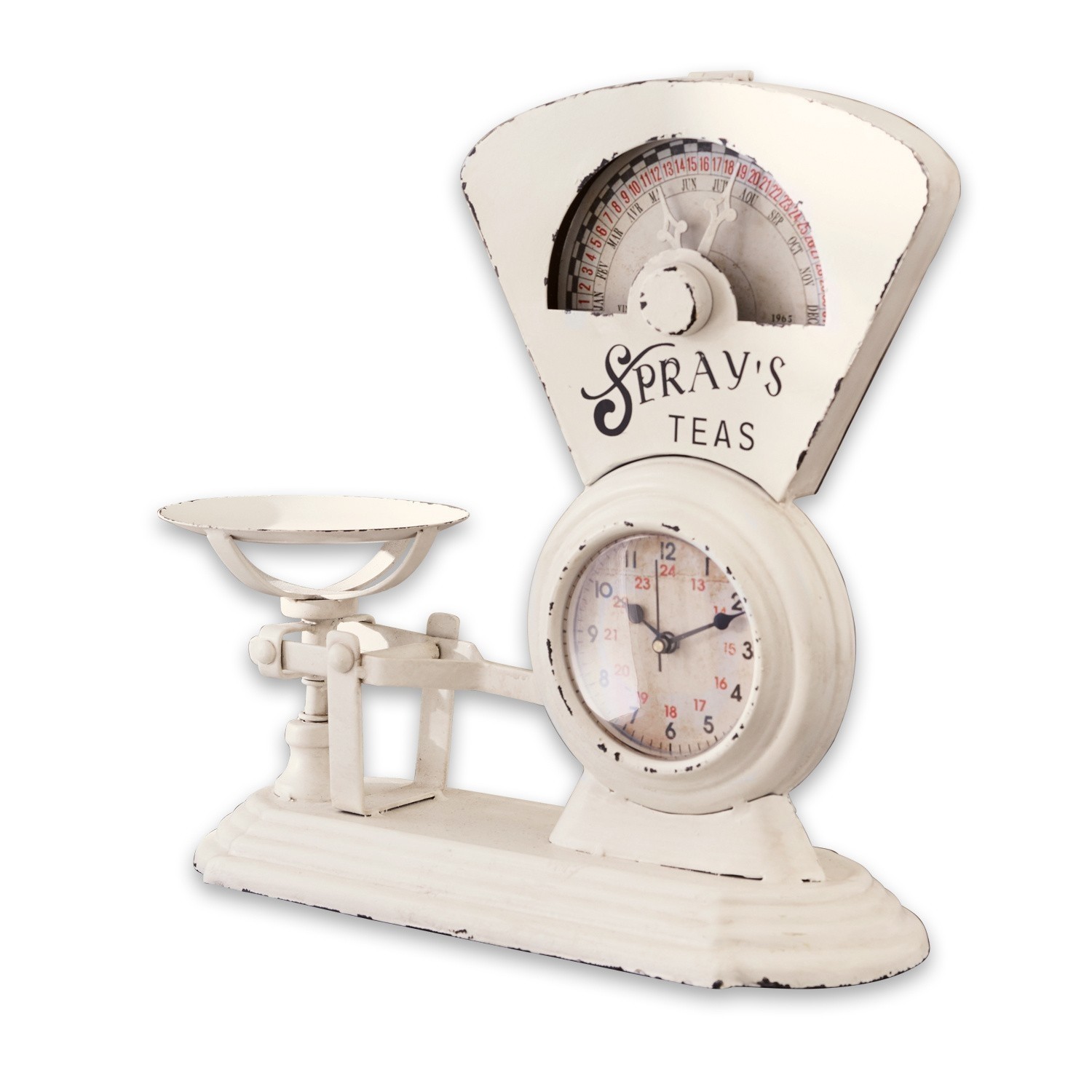 Klok Balances Witte metalen keukenweegschaal met klok en tekst Spray's Teas, vintage stijl, keuken decoratie