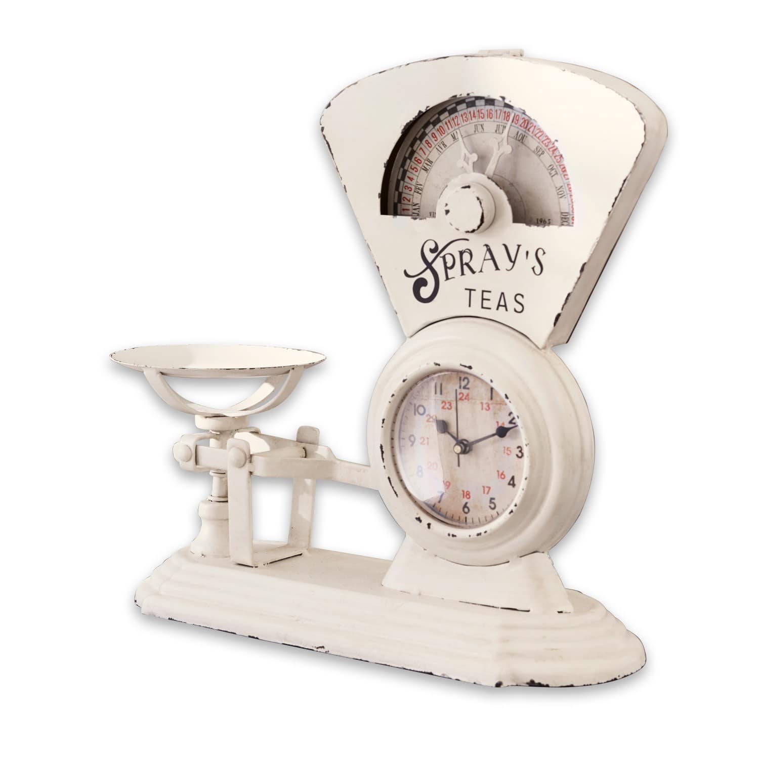 Klok Balances Witte metalen keukenweegschaal met klok en tekst Spray's Teas, vintage stijl, keuken decoratie