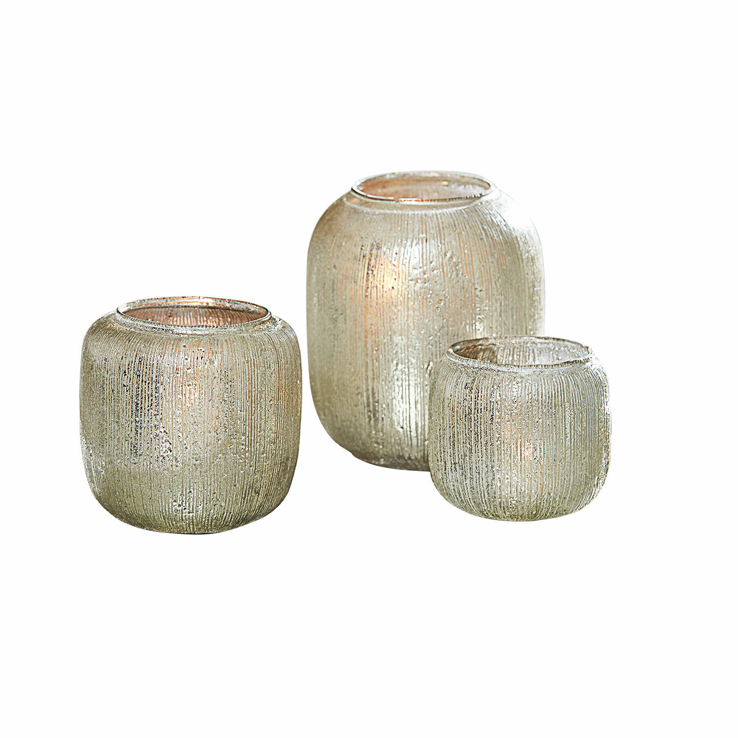 Set van drie zilverkleurige glazen theelichthouders met structuur, interieurdecoratie, sfeerverlichting