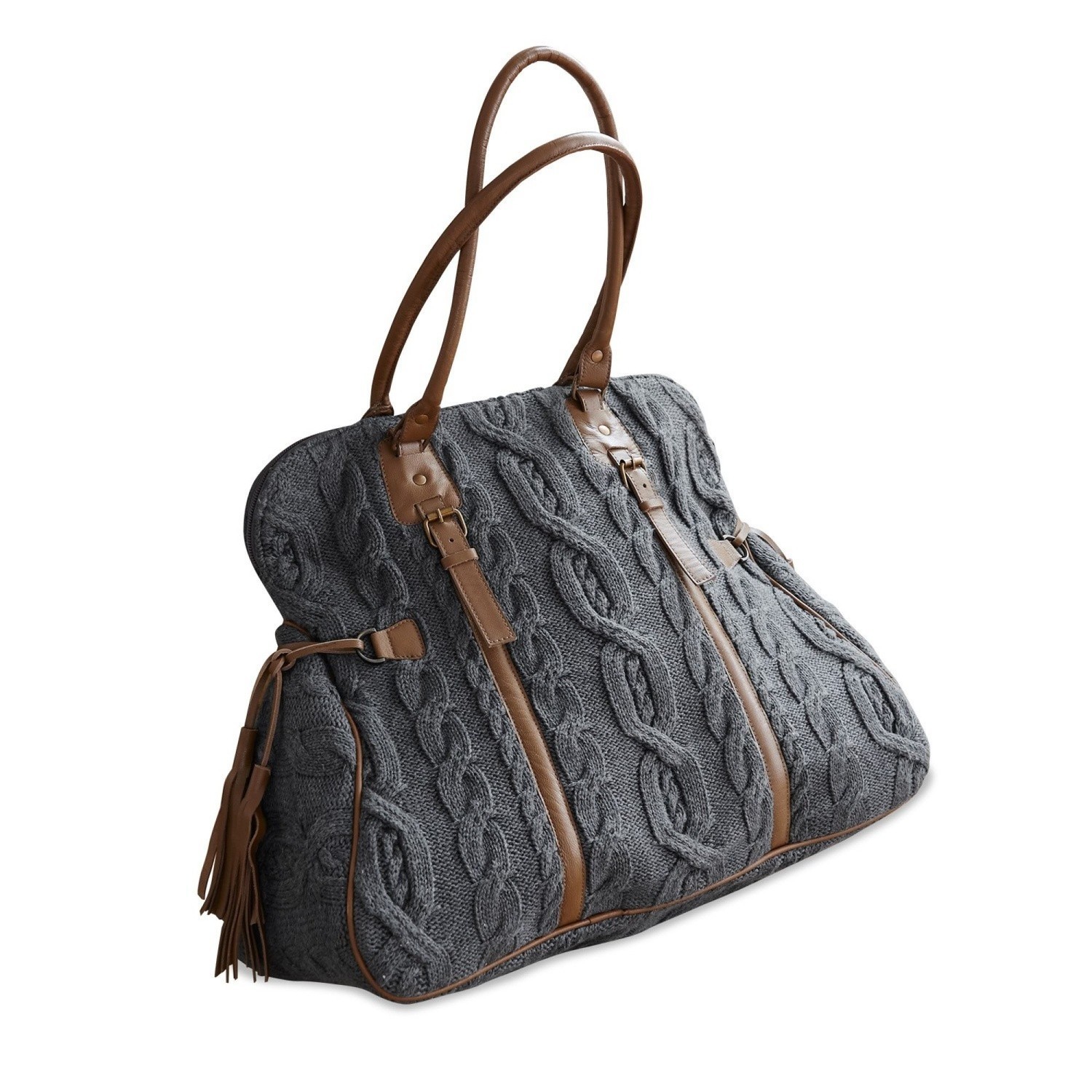 Grijze Donna tas van gebreide stof met bruine leren handvatten en details, modieuze accessoire