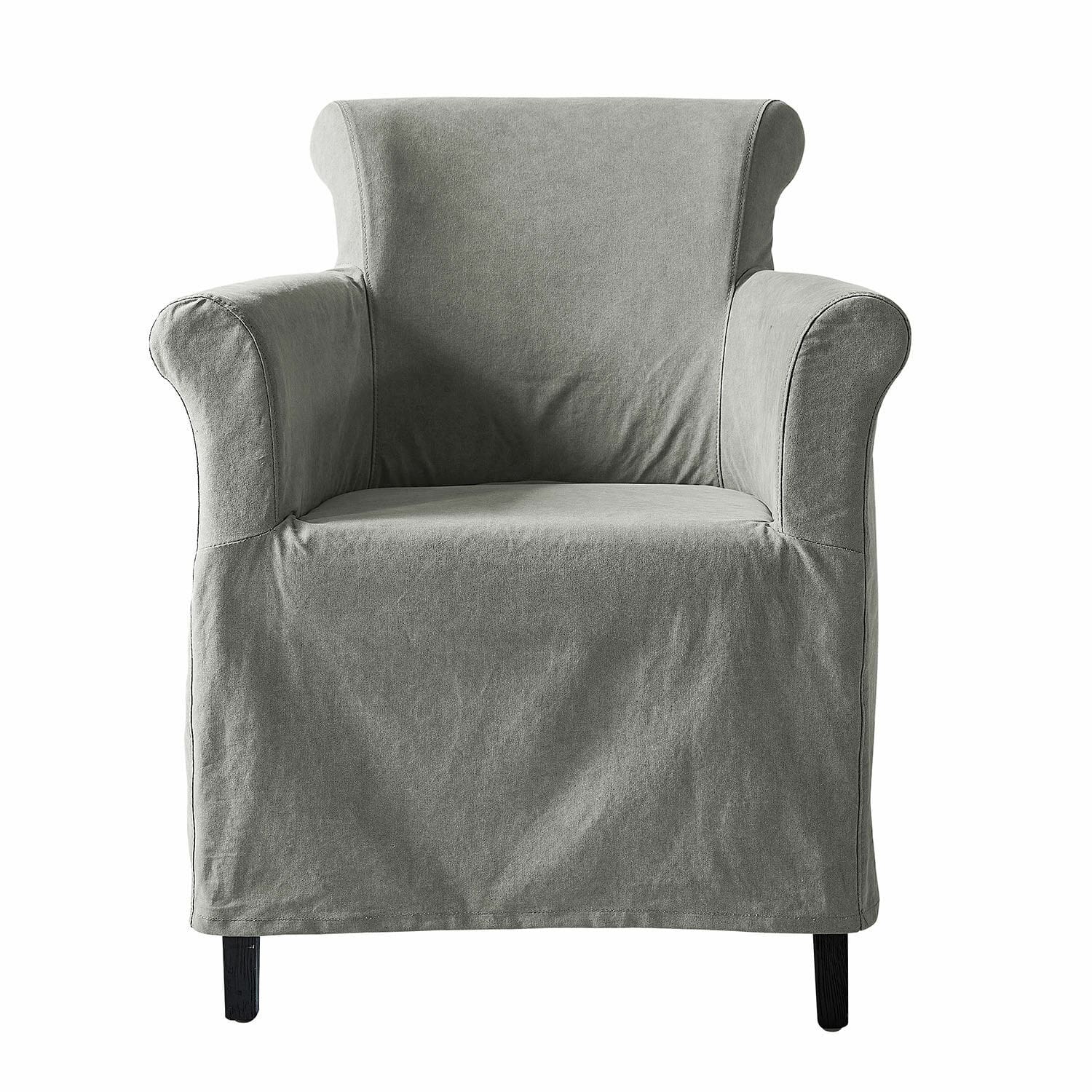 Grijze Chantellese fauteuil van stof met armleuningen en zwarte poten voor woonkamer