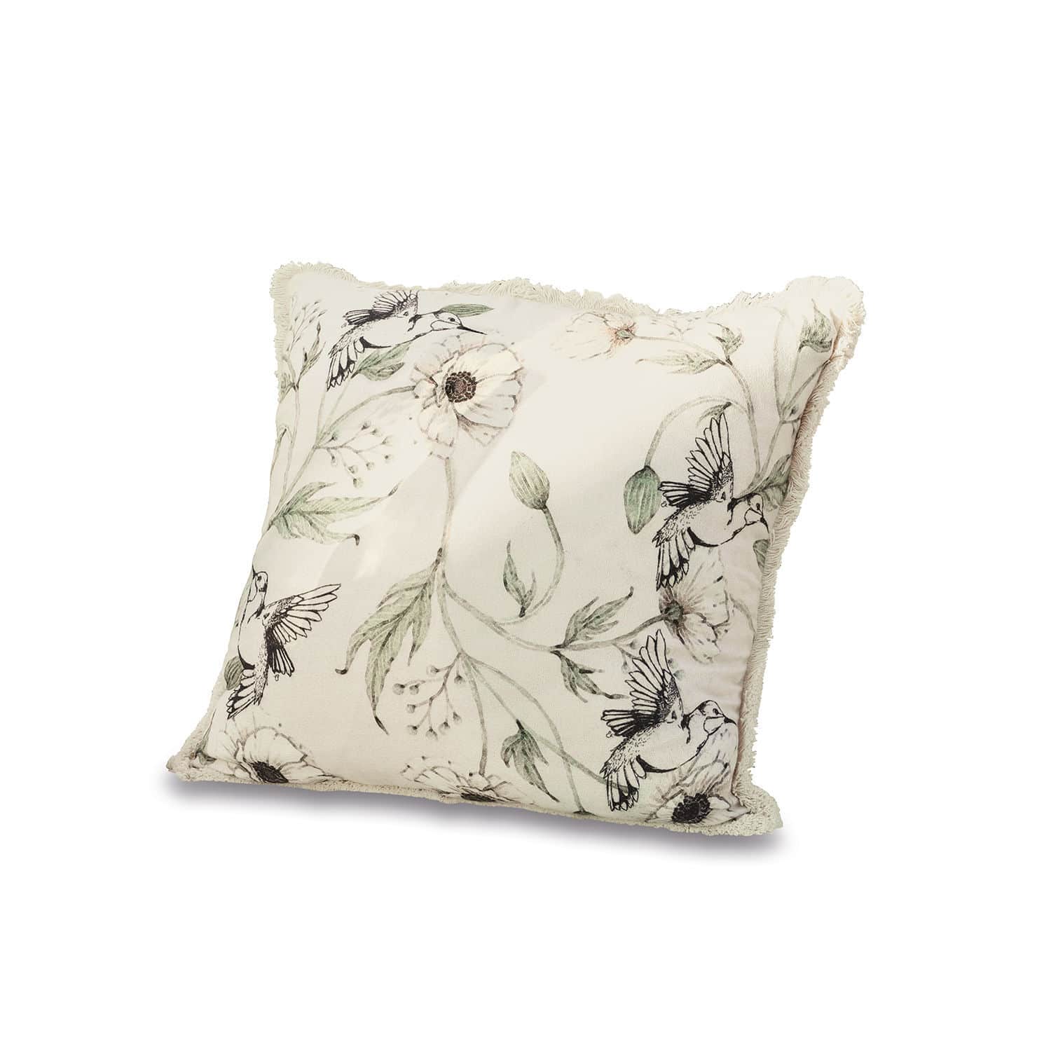 Decoratief katoenen kussen in crème met vogel- en bloemenprint, stijlvol voor woonkamer