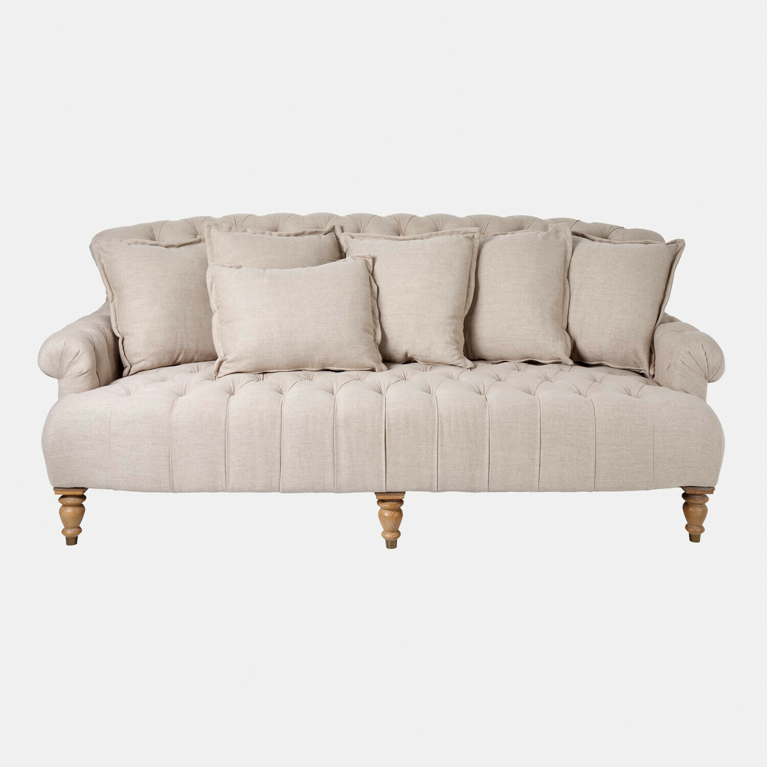 Bank Springfield Village Beige gestoffeerde bank met kussens en houten poten, comfortabele woonkamermeubel