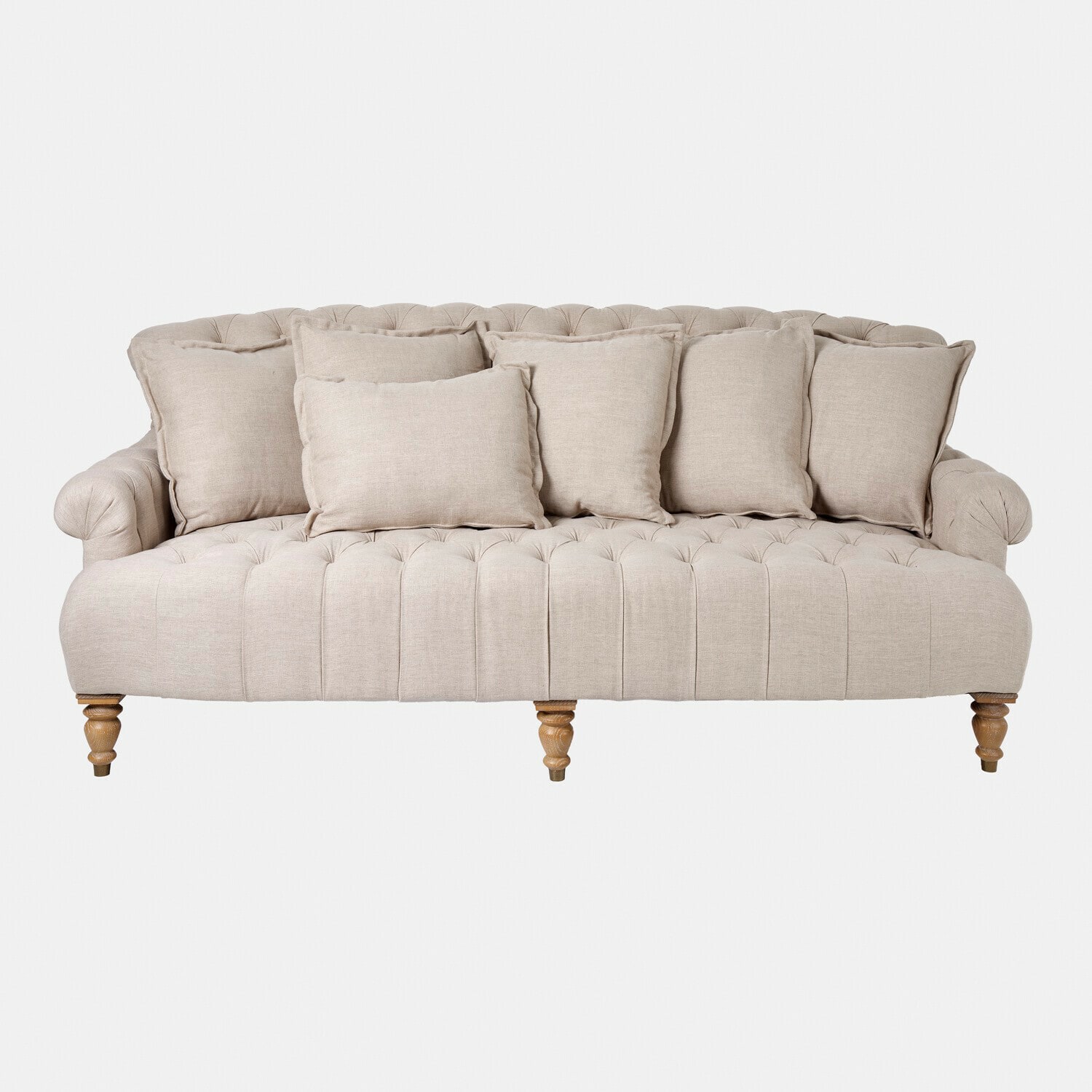 Bank Springfield Village Beige gestoffeerde bank met kussens en houten poten, comfortabele woonkamermeubel