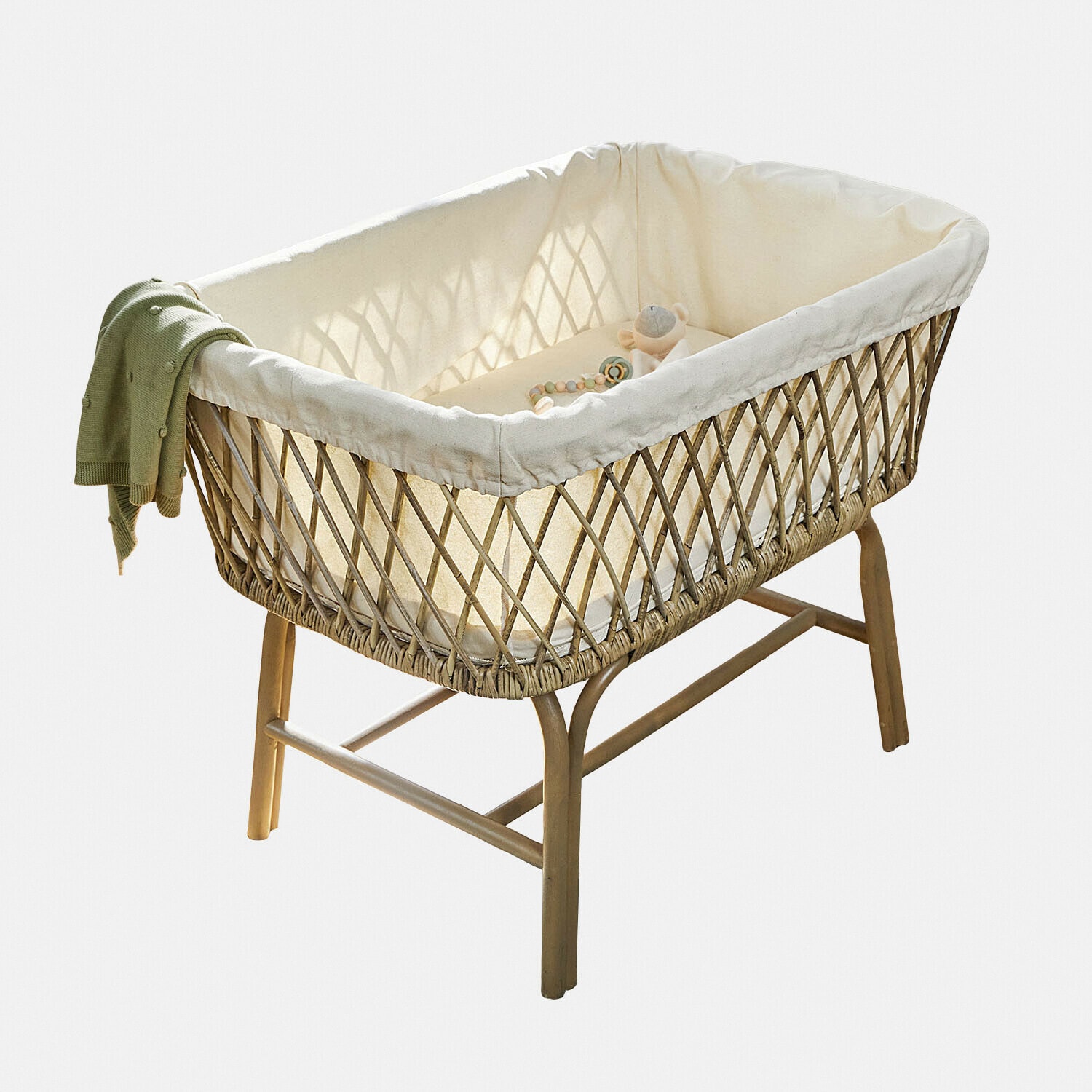Babybedje Nuvinas Kinderwieg van riet en hout met crèmekleurige voering en groene deken, meubel voor kinderkamer