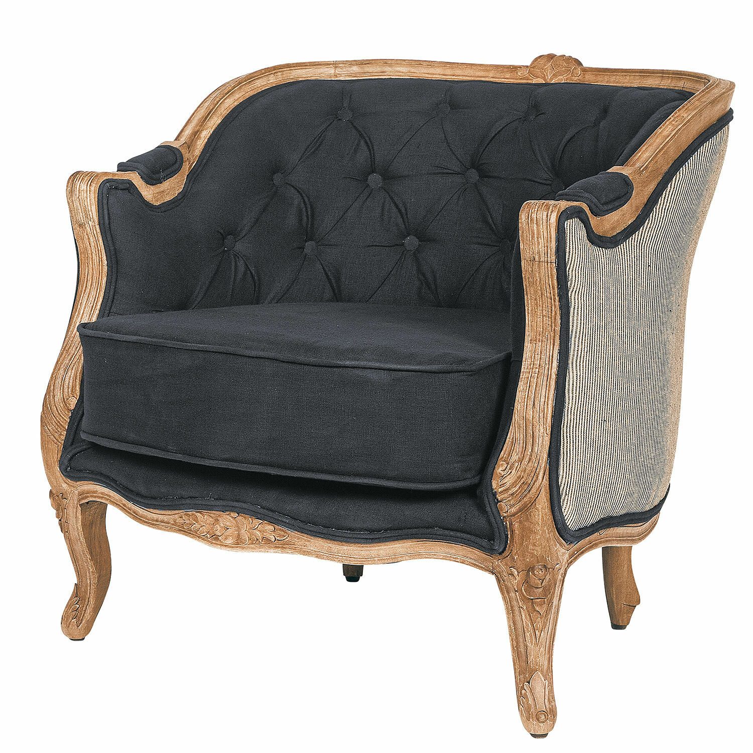 Fauteuil Annezay Vintage fauteuil met gesneden houten frame en zwarte bekleding, stijlvolle woonkamermeubel