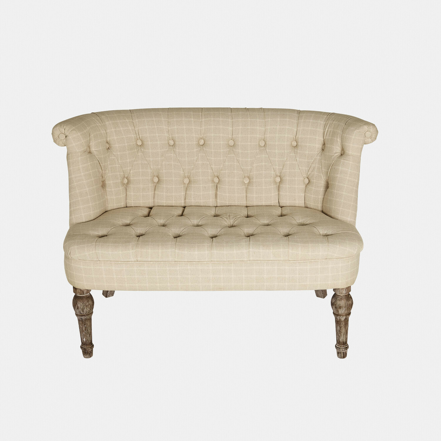 Beige Weralin bank van geruit stof met houten poten, elegant voor woonkamer