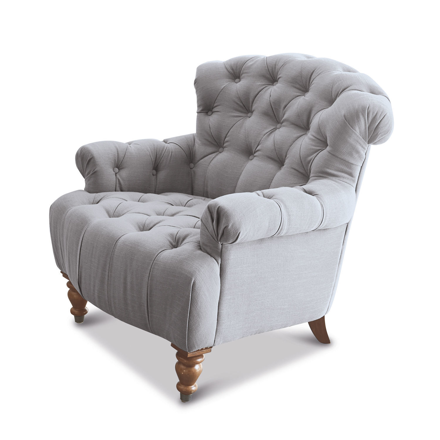 Fauteuil Springfield Grijze gestoffeerde bank met houten poten en doorgestikte rugleuning, comfortabele zitmeubel