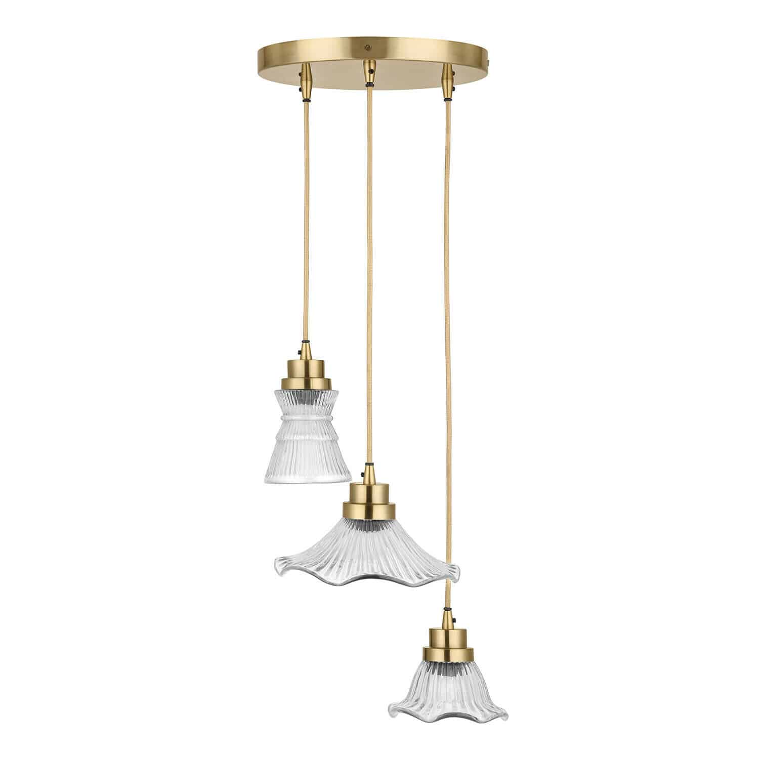 Hanglamp Lunaras Hanglamp met drie glazen kappen en messing details, modern design voor binnenverlichting