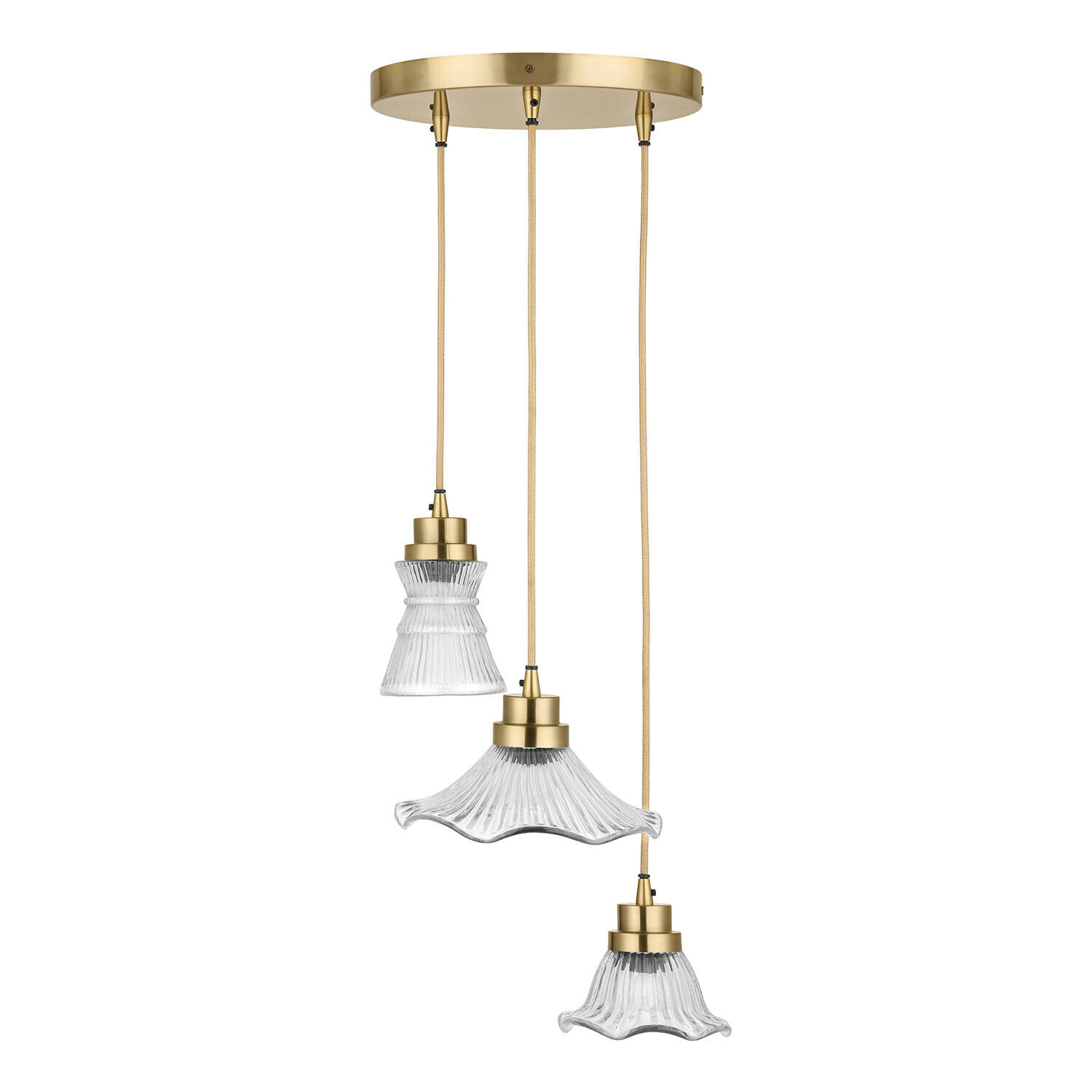 Hanglamp Lunaras Hanglamp met drie glazen kappen en messing details, modern design voor binnenverlichting