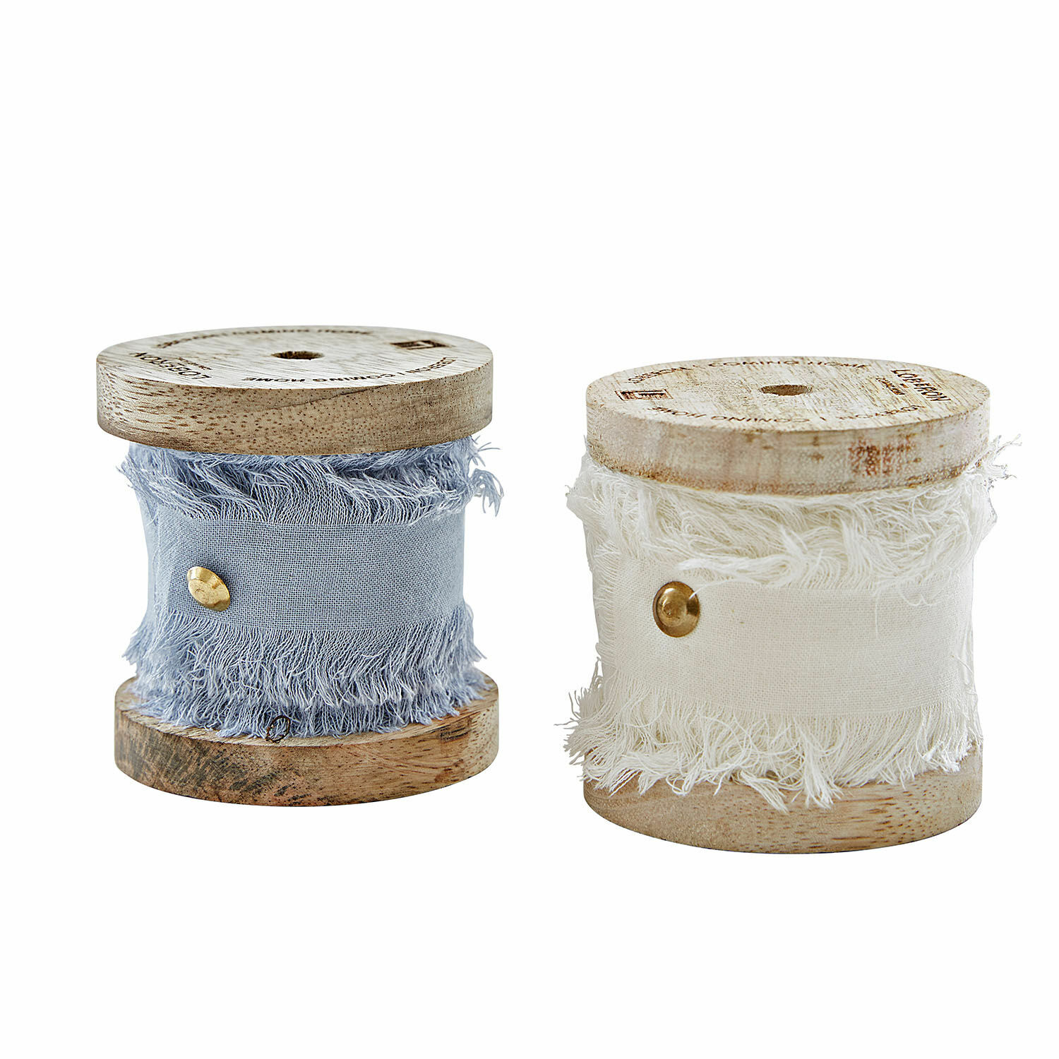 Lint set van 2 Valethor Houten spoelen met blauwe en witte katoenen band met franjes voor interieurdecoratie