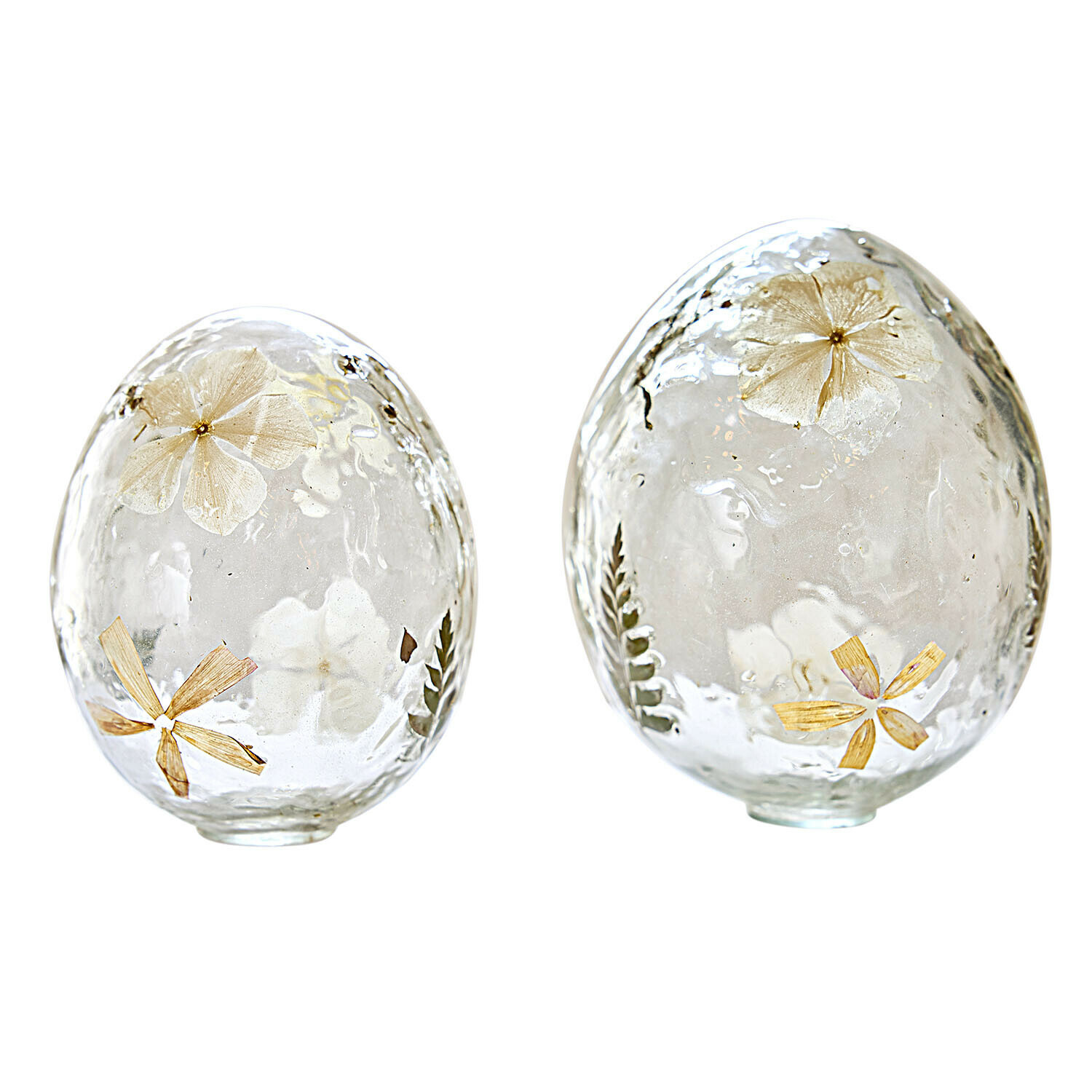 Decoratief ei set van 2 Coudrisse Twee transparante glazen eieren met ingesloten gedroogde bloemen en bladeren, lentebloemstuk