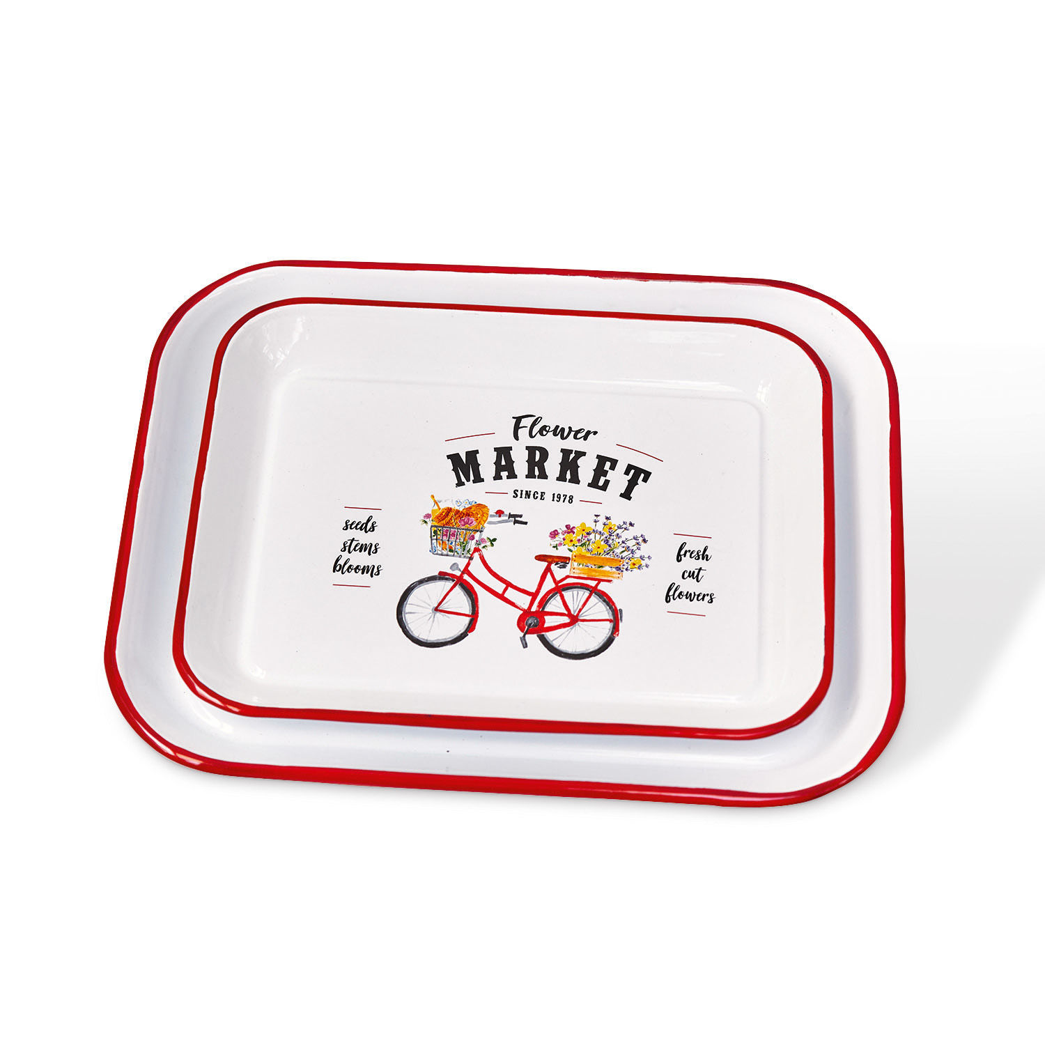 Set van twee witte geëmailleerde dienbladen met rode rand en fiets met bloemen motief