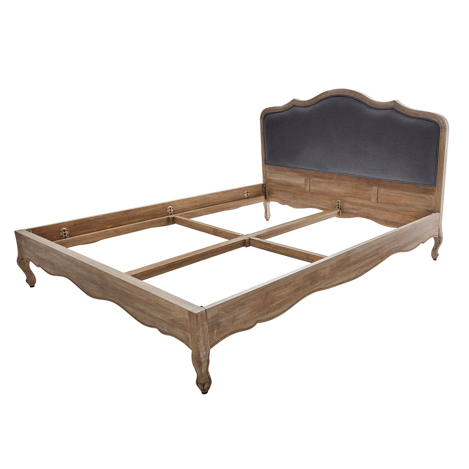 Serravalle bed van bruin hout met donkergrijs gestoffeerd hoofdeinde, houten frame