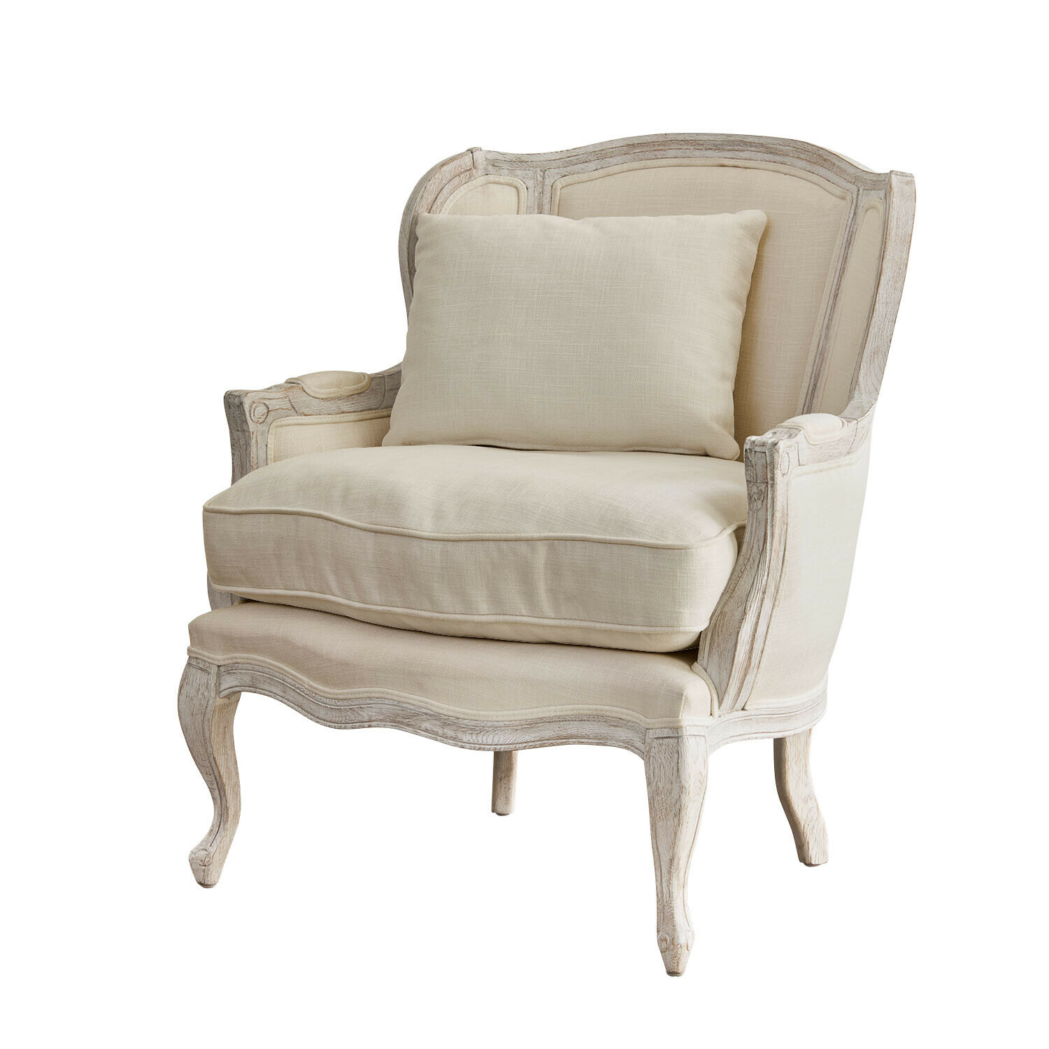 Fauteuil Kingswinford Klassieke stoel van licht hout en crèmekleurige stof, comfortabele zitplaats voor woonkamer