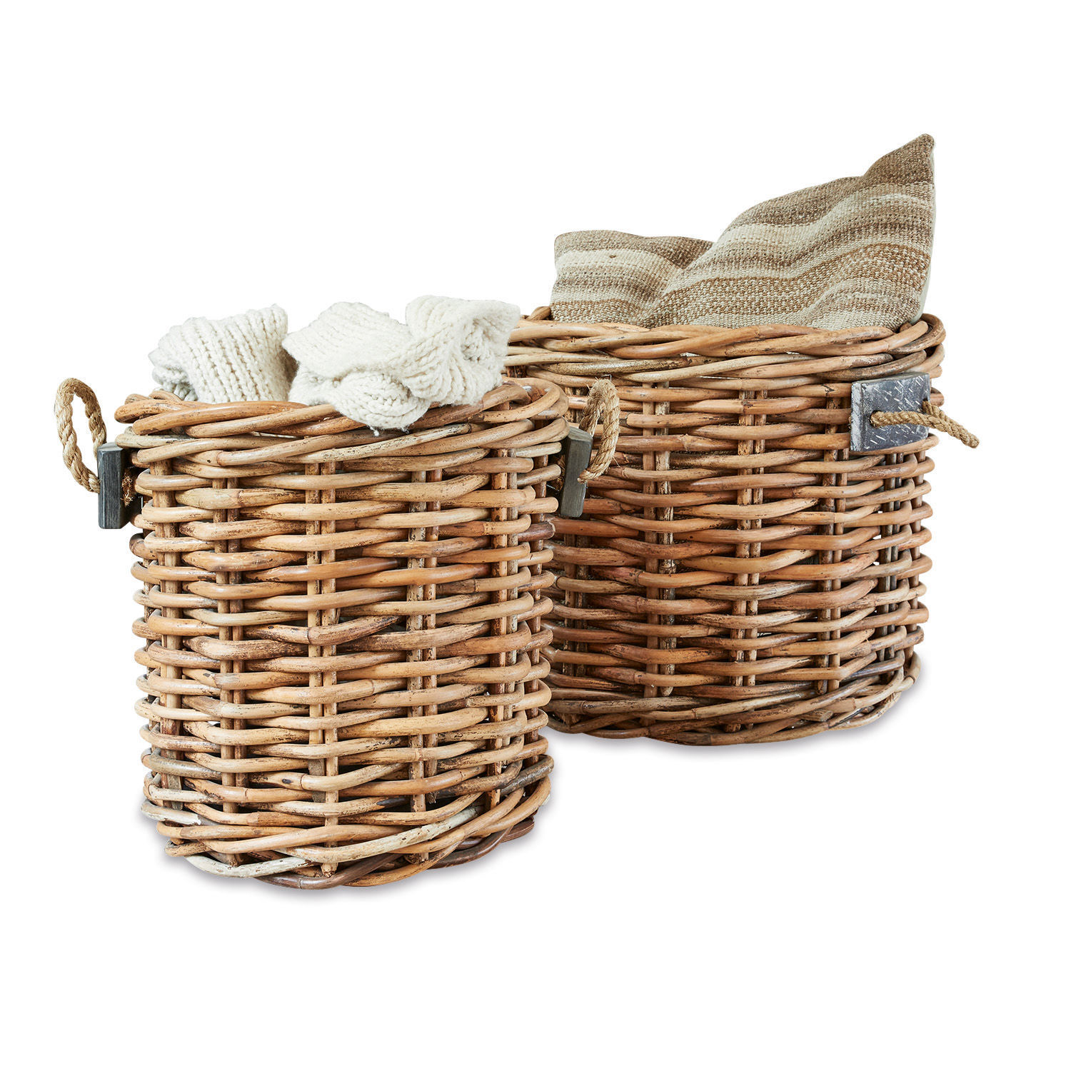 Mand set van 2 Marché Set van twee ronde manden van natuurlijke wilg met handvatten en textiel voor praktische opslag