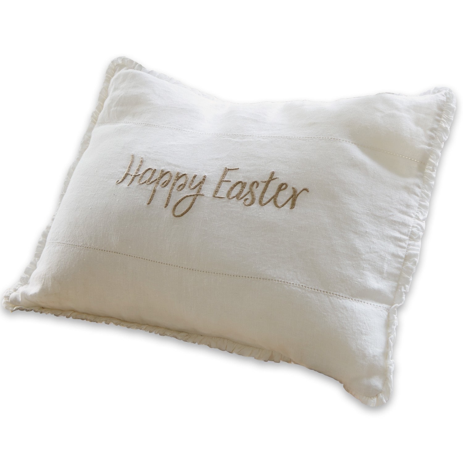 Witte linnen sierkussen met Happy Easter borduurwerk, stijlvolle paasdecoratie voor thuis