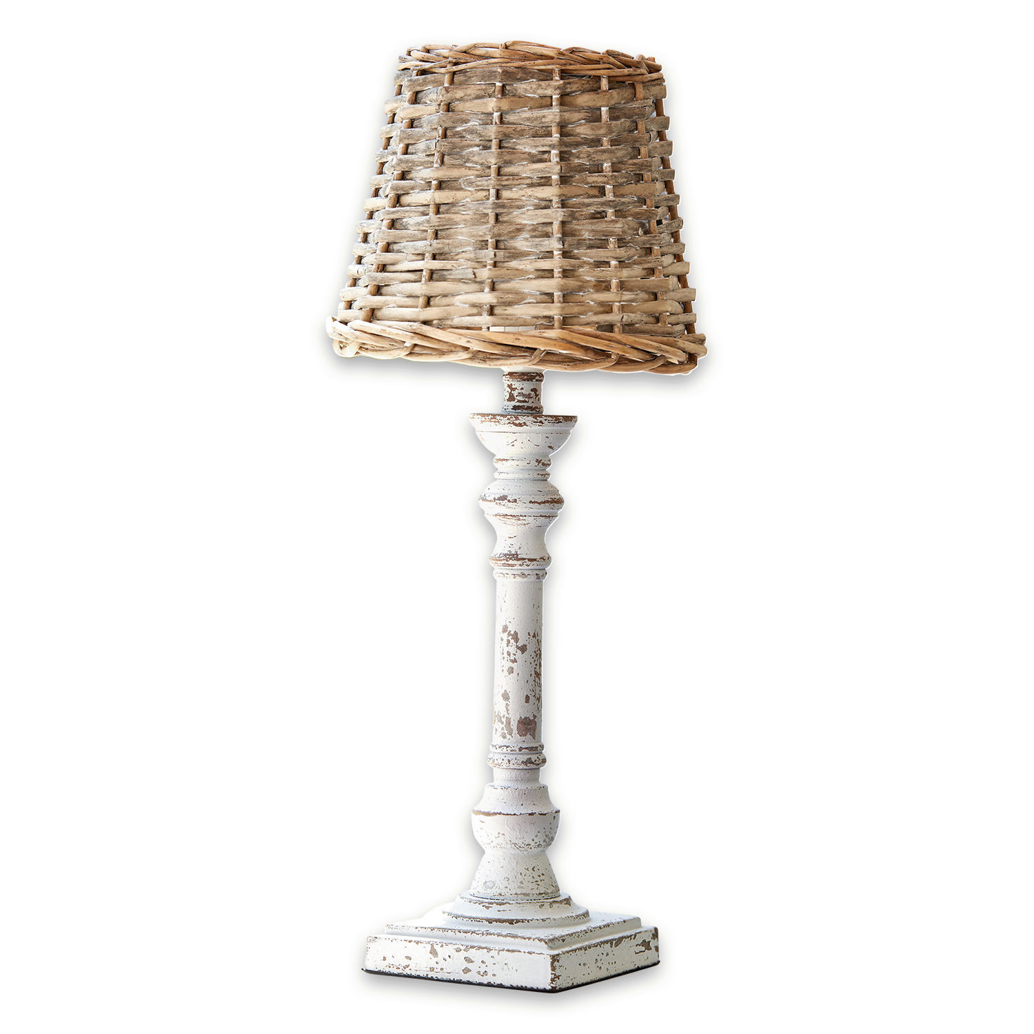 Tafellamp Noelie Tafellamp van wit hout met verouderde look en natuurlijke rieten kap voor sfeervolle verlichting