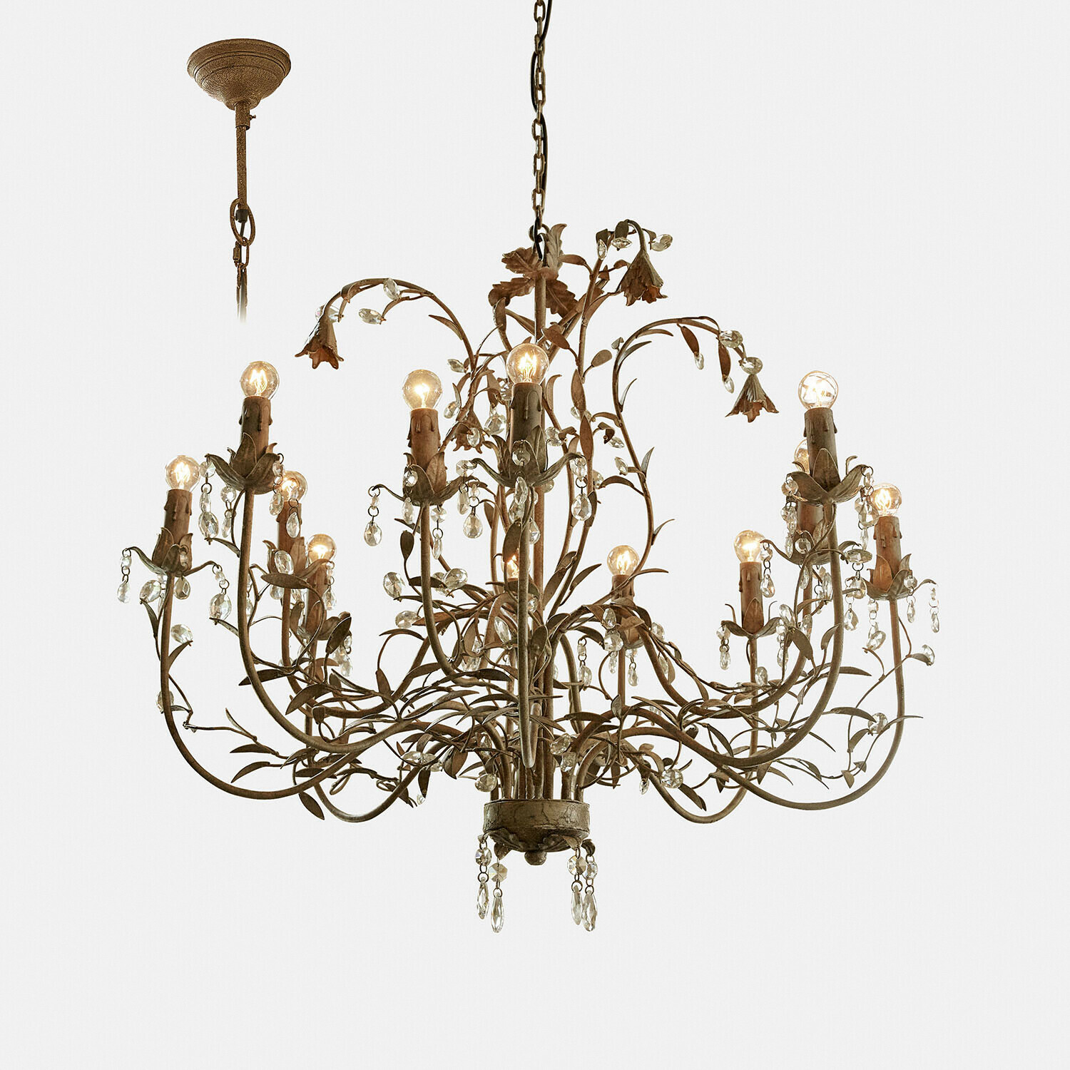 Kroonluchter Opérancourt Rustieke metalen kroonluchter in roestkleur met 12 lampen en kristallen versiering