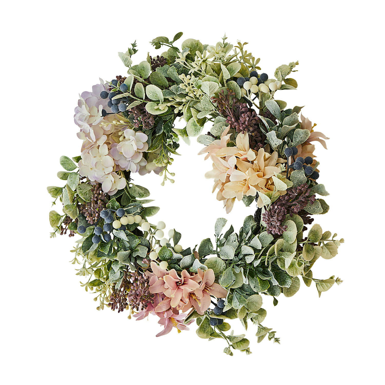 Decoratieve krans met groene bladeren en pastelkleurige bloemen, stijlvolle woon- en seizoensdecoratie