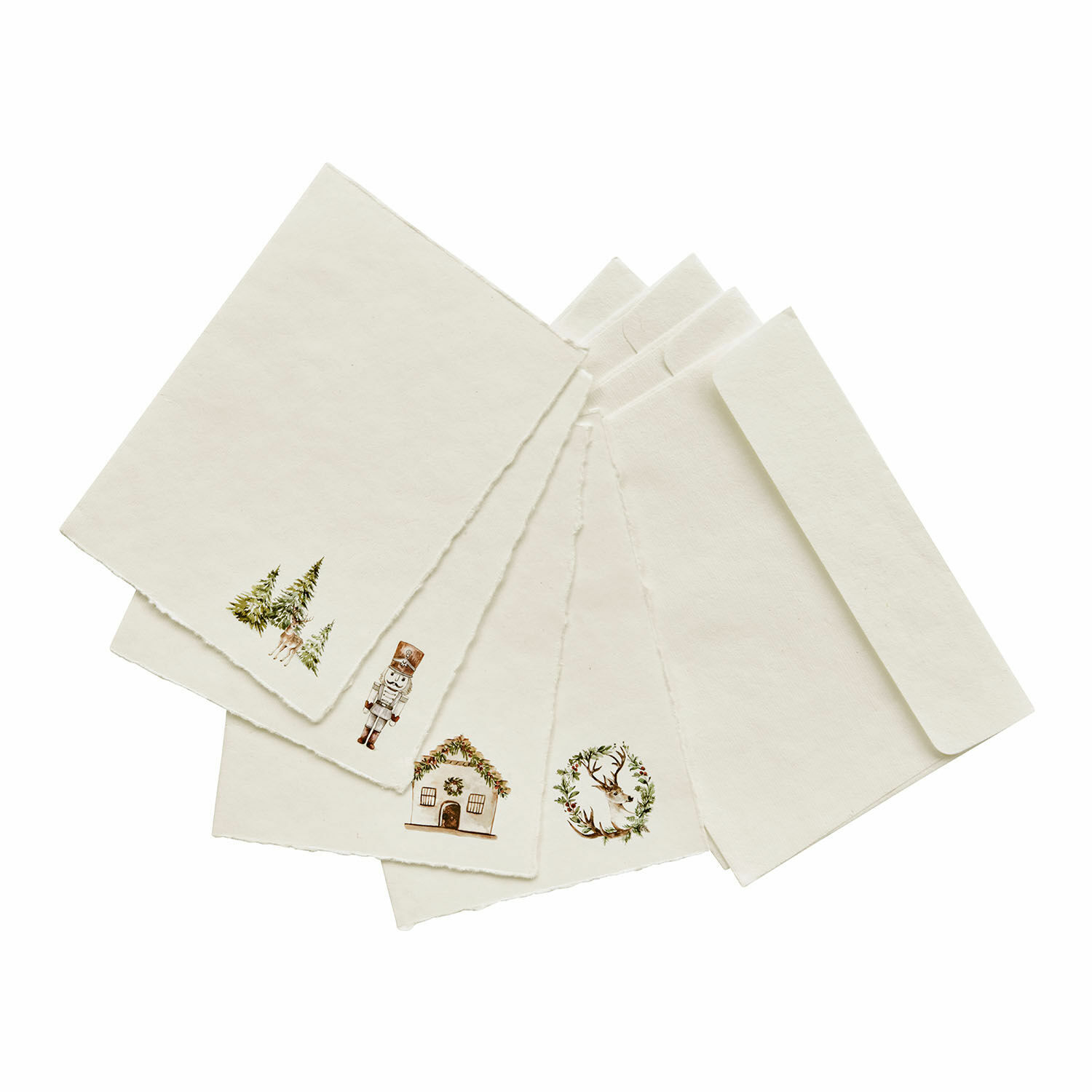Wenskaart set van 4 Lorandis Set crèmekleurige kaarten van handgeschept papier met kerstmotieven voor het schrijven van wensen