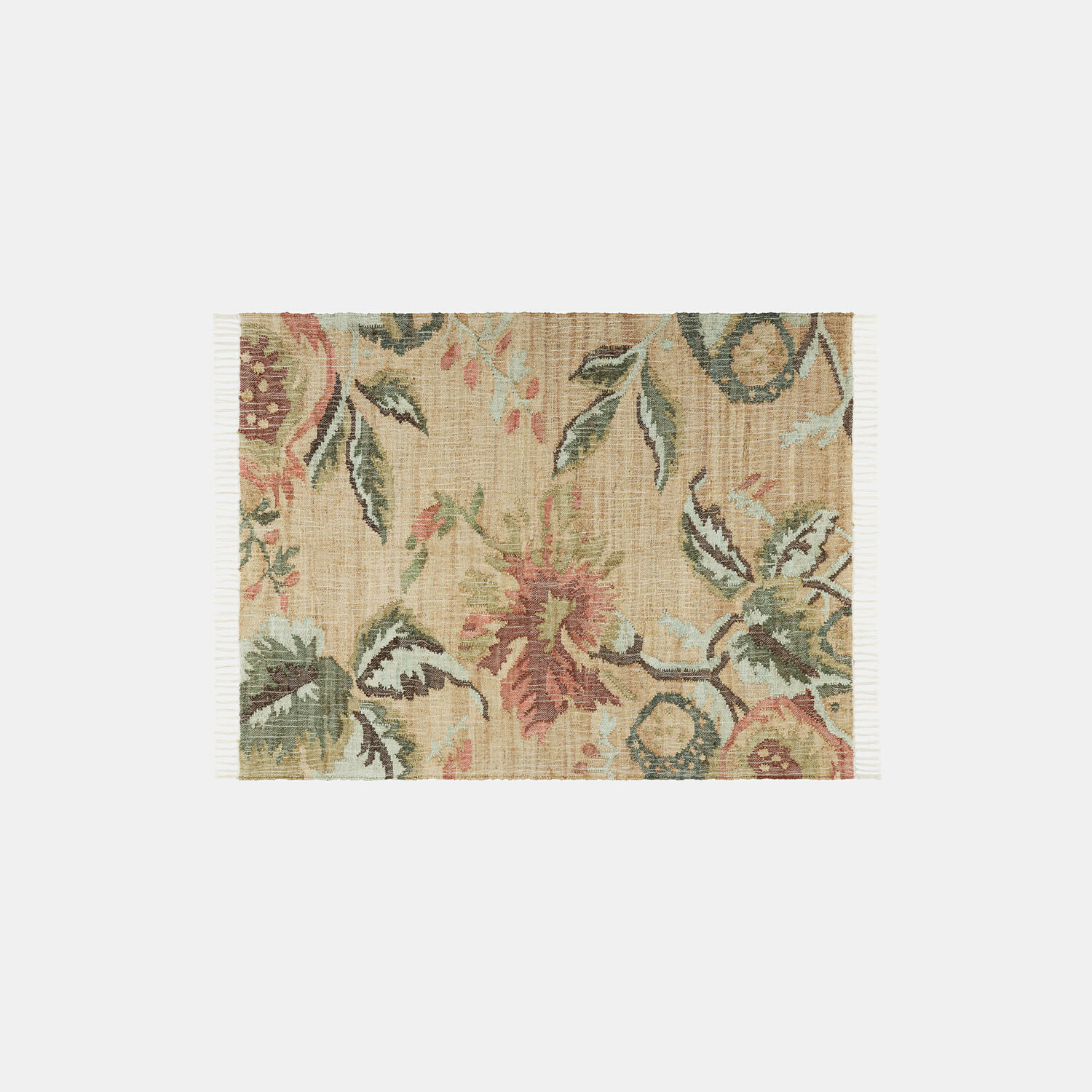 Vloerkleed Lorviano Vloerkleed van natuurlijk materiaal in beige met bloemmotief en groene bladeren voor interieur