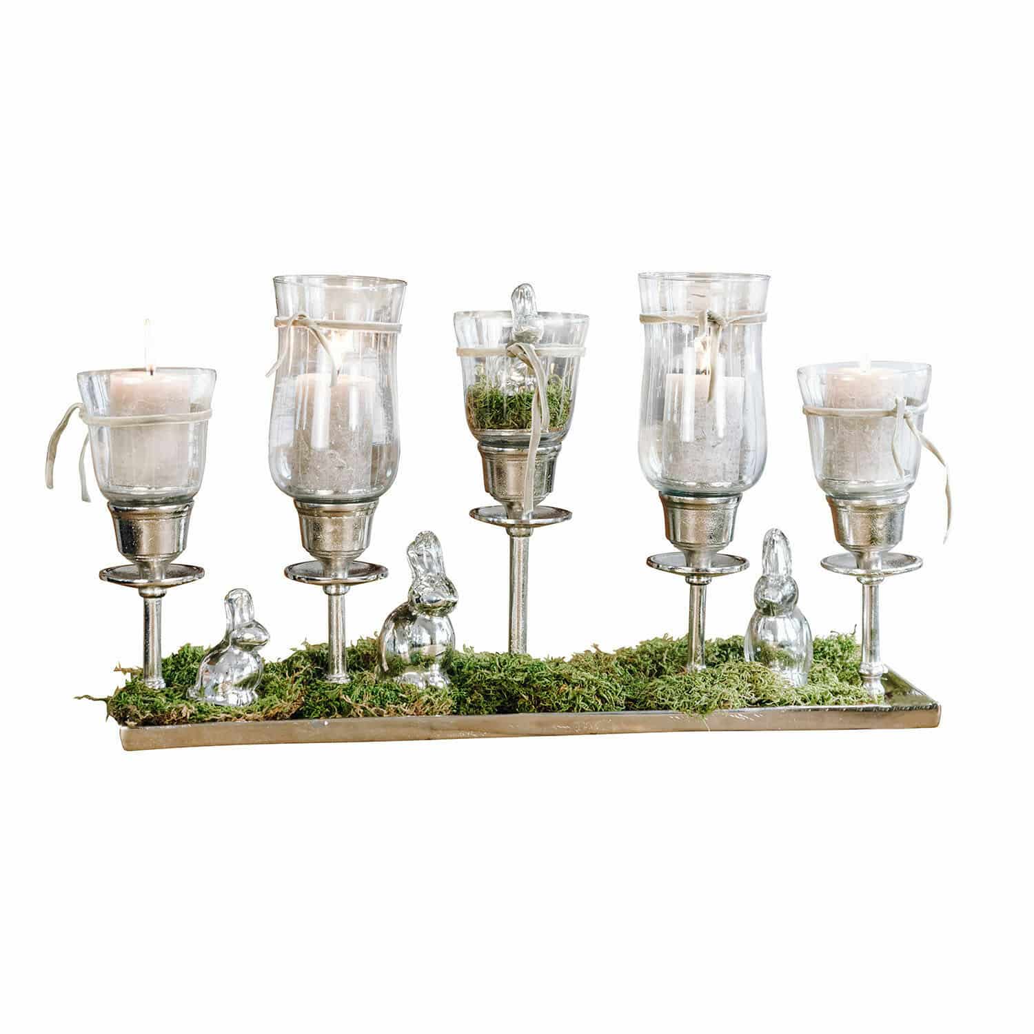 Stylebox Paasvreugde Osterfreude Decoratieve kandelaar van glas en metaal met witte kaarsen en groen mos, tafeldecoratie