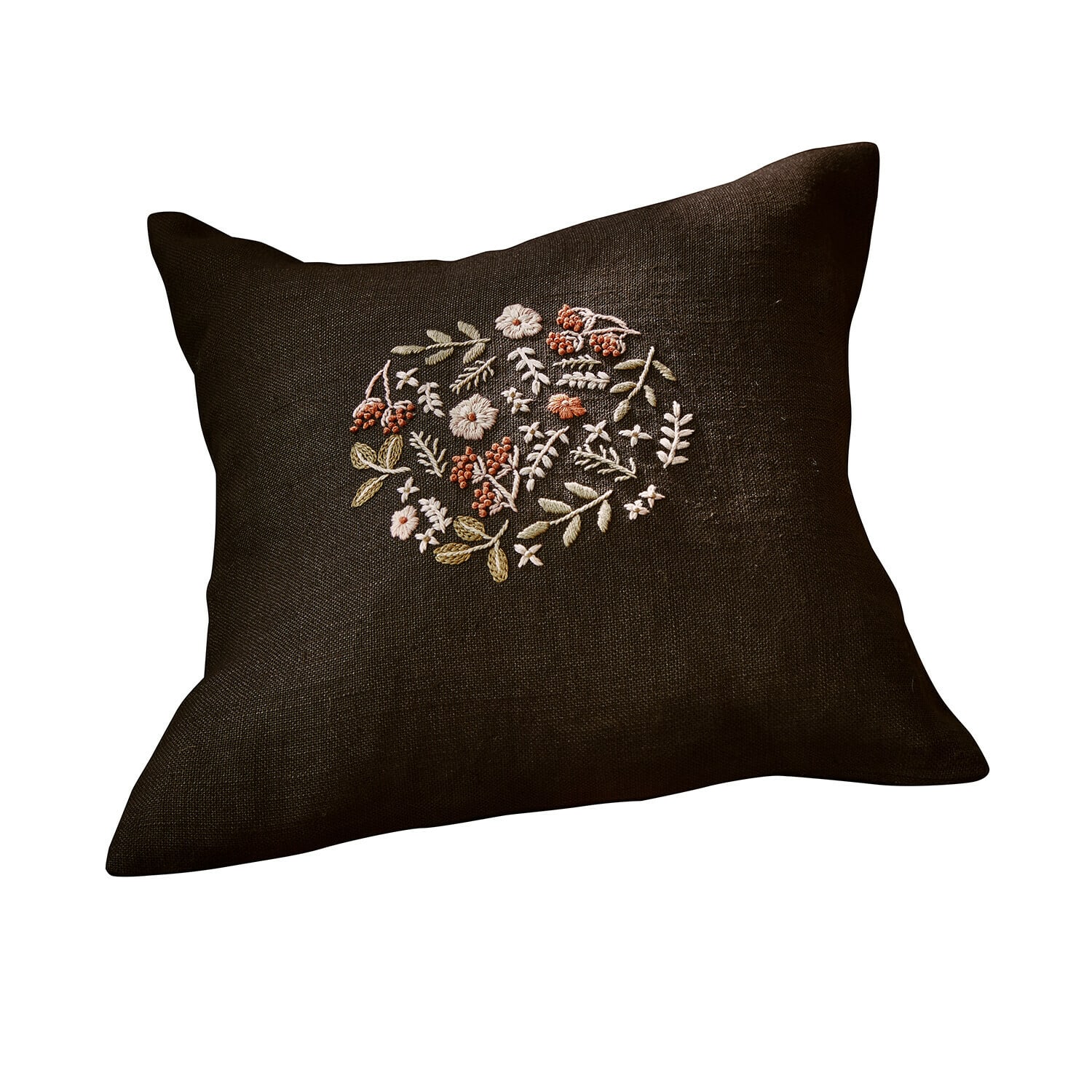 Kussenhoes Mireve Donkerbruin linnen kussen met geborduurd bloemenpatroon, decoratief voor woonkamer en slaapkamer