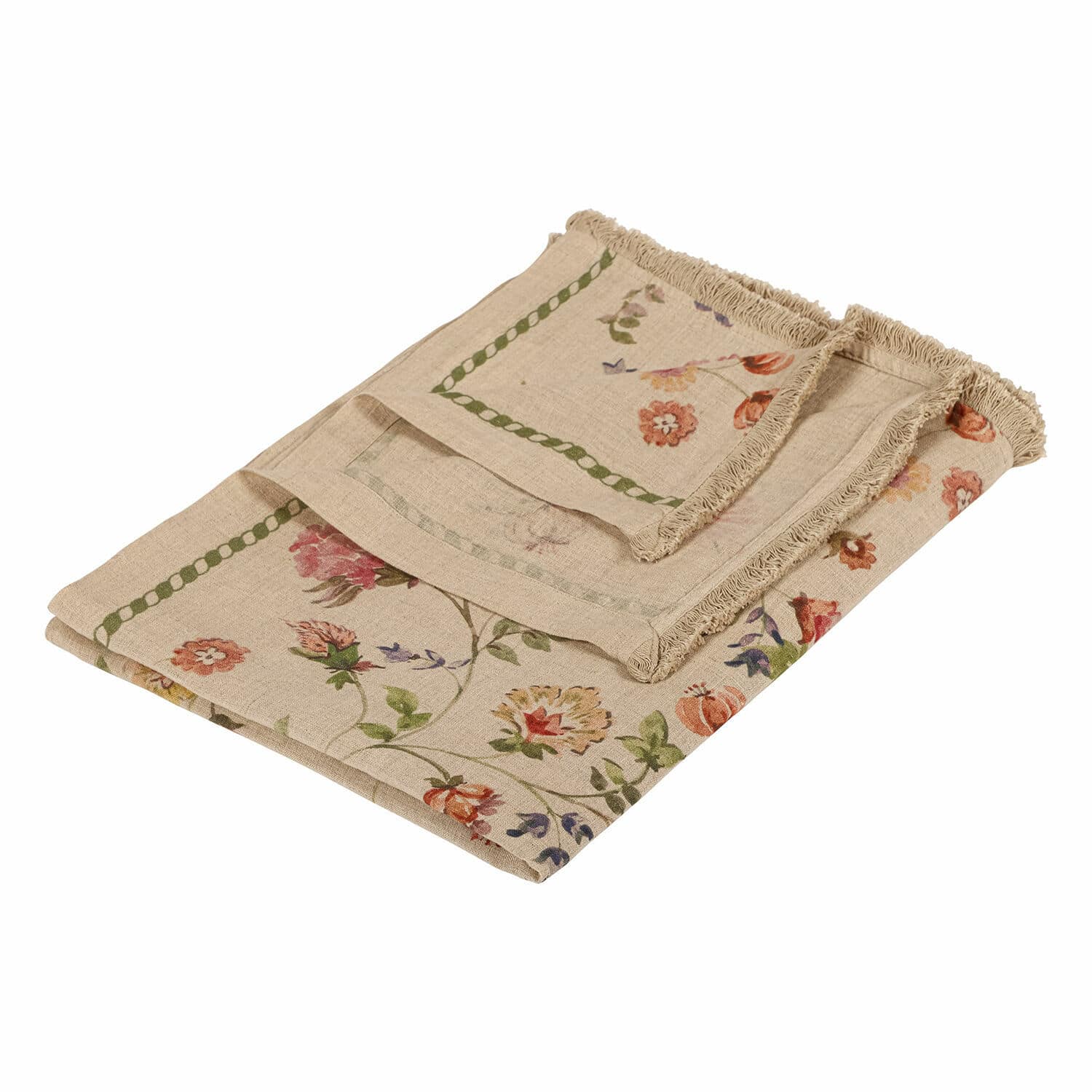 Plaid Karratha Beige linnen tafelkleed met bloemenpatroon en franjes, rustieke tafeldecoratie