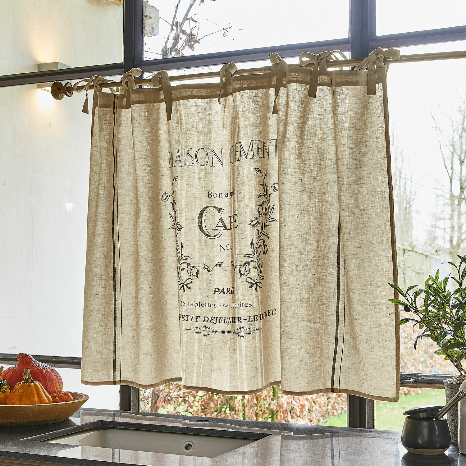 Schuifgordijn Girest Beige linnen gordijn met zwarte koffieprint, keukenraamdecoratie van natuurlijk materiaal
