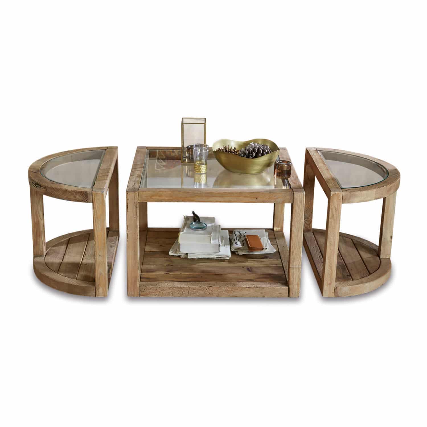 Salontafel Hyllorian Set salontafels van natuurlijk hout en glas, praktisch en stijlvol meubilair voor de woonkamer