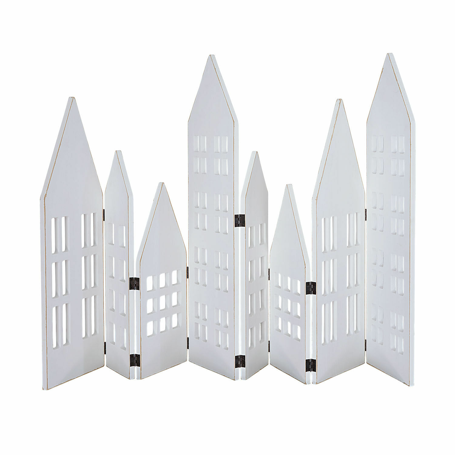 Witte houten decoratieve kamerscherm met uitgesneden ramen in huisvorm, interieurdecoratie