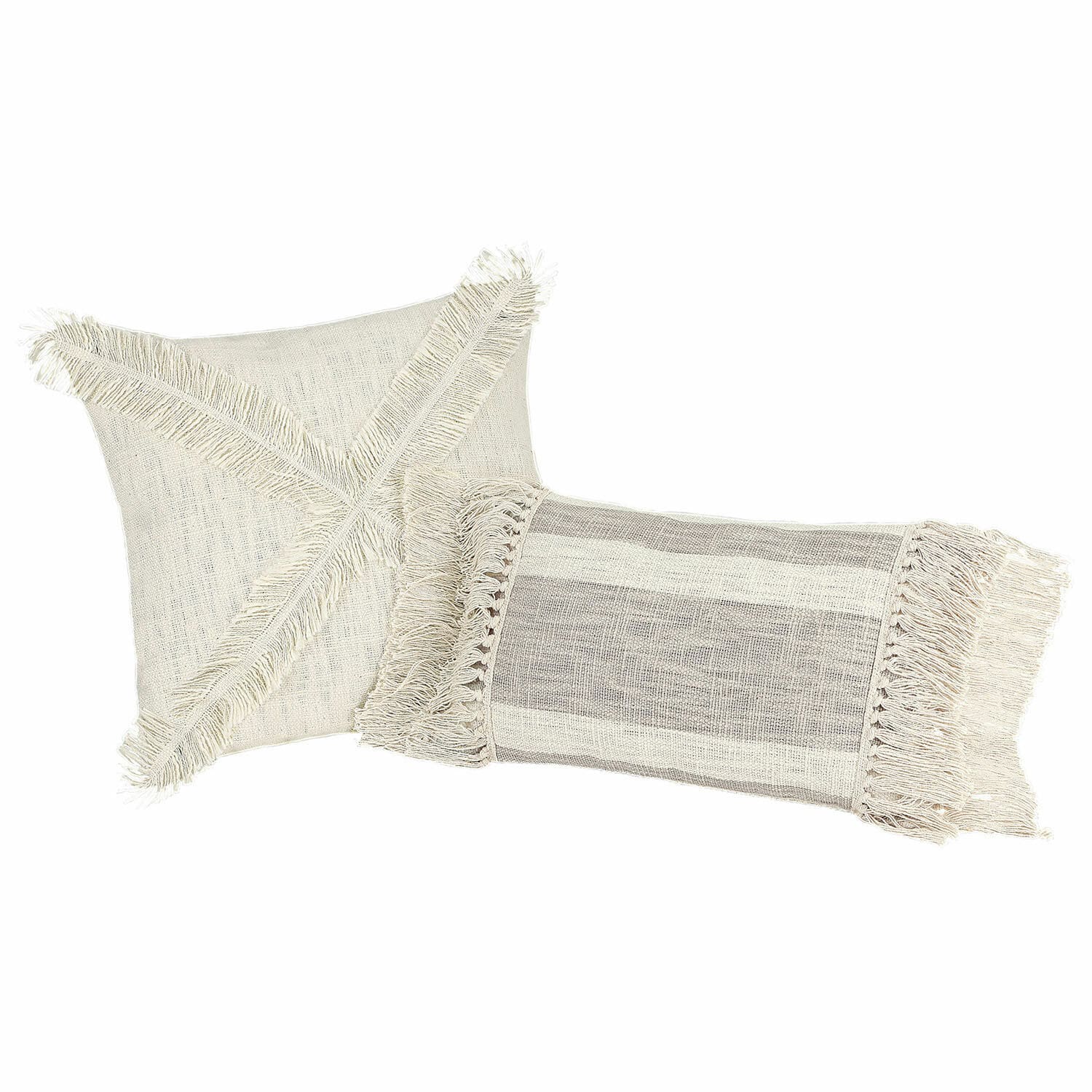 Set van twee decoratieve katoenen kussens in crème met franjes, boho stijl