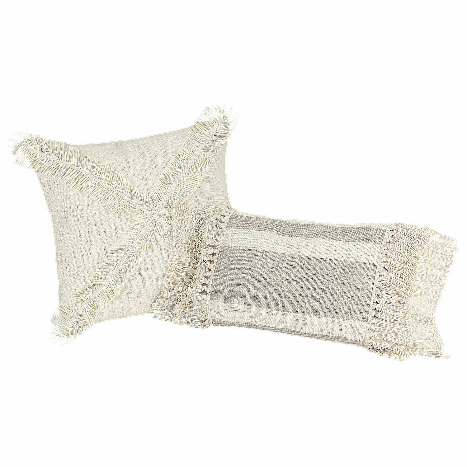Kussenhoes set van 2 Freya Set van twee decoratieve katoenen kussens in crème met franjes, boho stijl