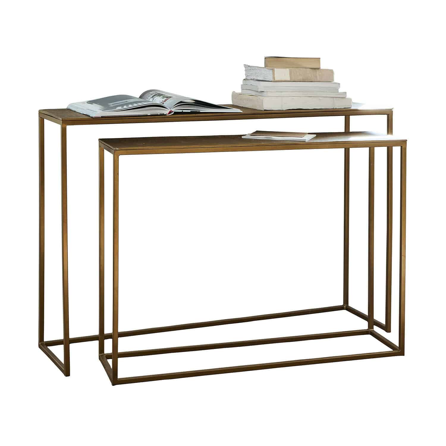Wandtafel set van 2 Olvenzo Set van twee metalen tafels in messingkleur met boeken erop, modern minimalistisch design