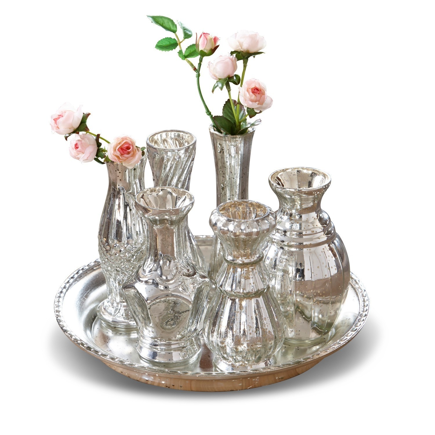 Dienblad met vazen Blairville Set zilverkleurige glazen vazen op dienblad met roze bloemen, tafeldecoratie