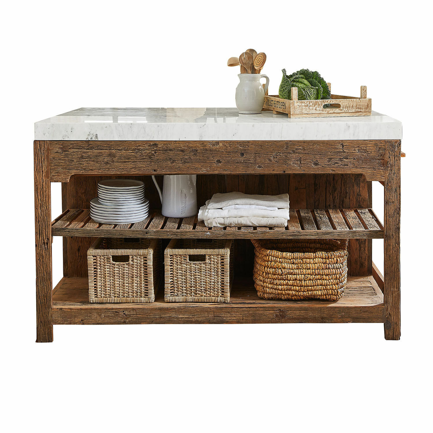 Keukenblok Tresienne Rustieke keukentafel met wit marmeren blad en houten frame met opbergrekken