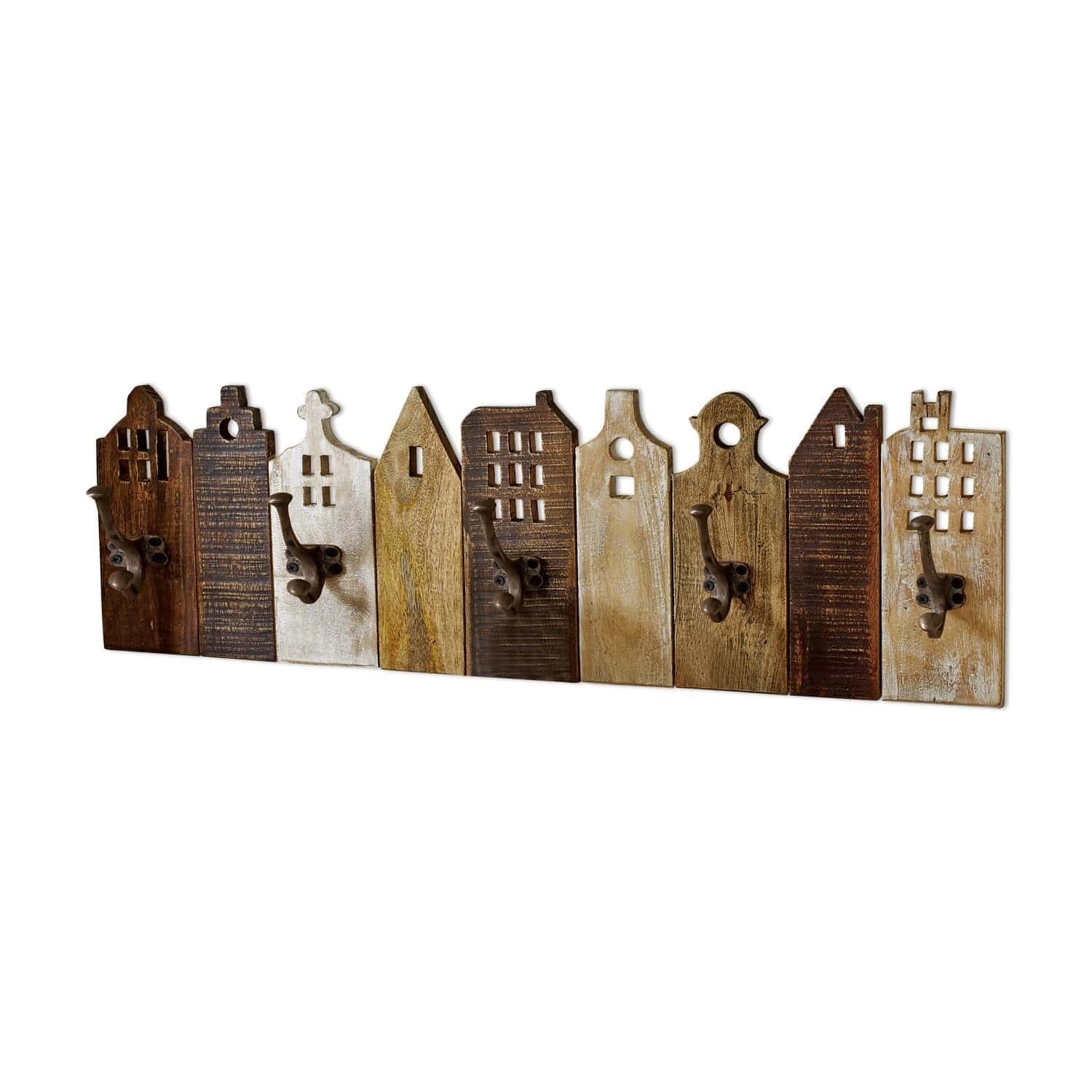 Rek met haken Pettis Houten wandkapstok met haken in huisvormen in natuurlijke bruin- en wittonen, gangdecoratie