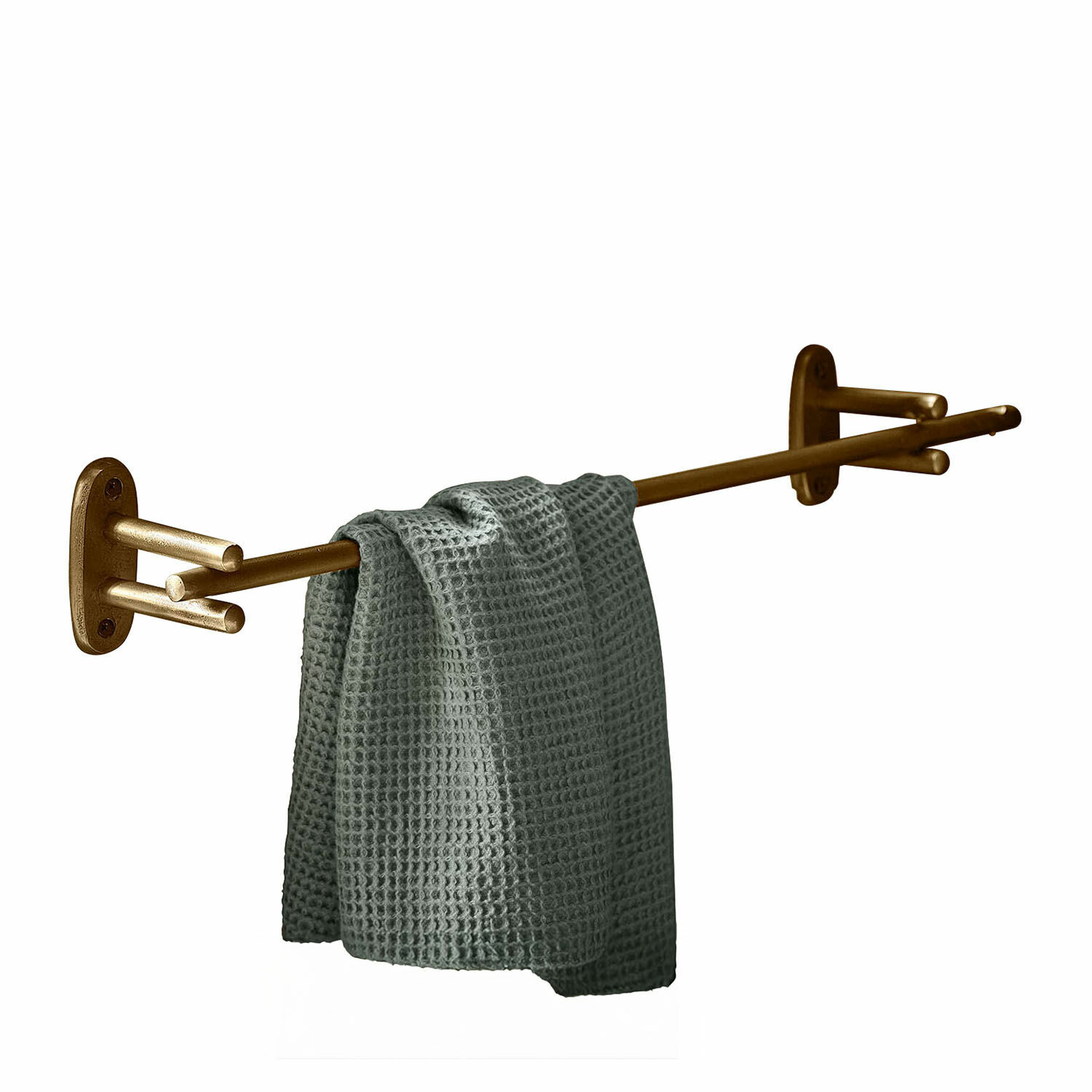 Messingkleurige handdoekhouder met grijze wafelhoekhanddoek voor badkamer