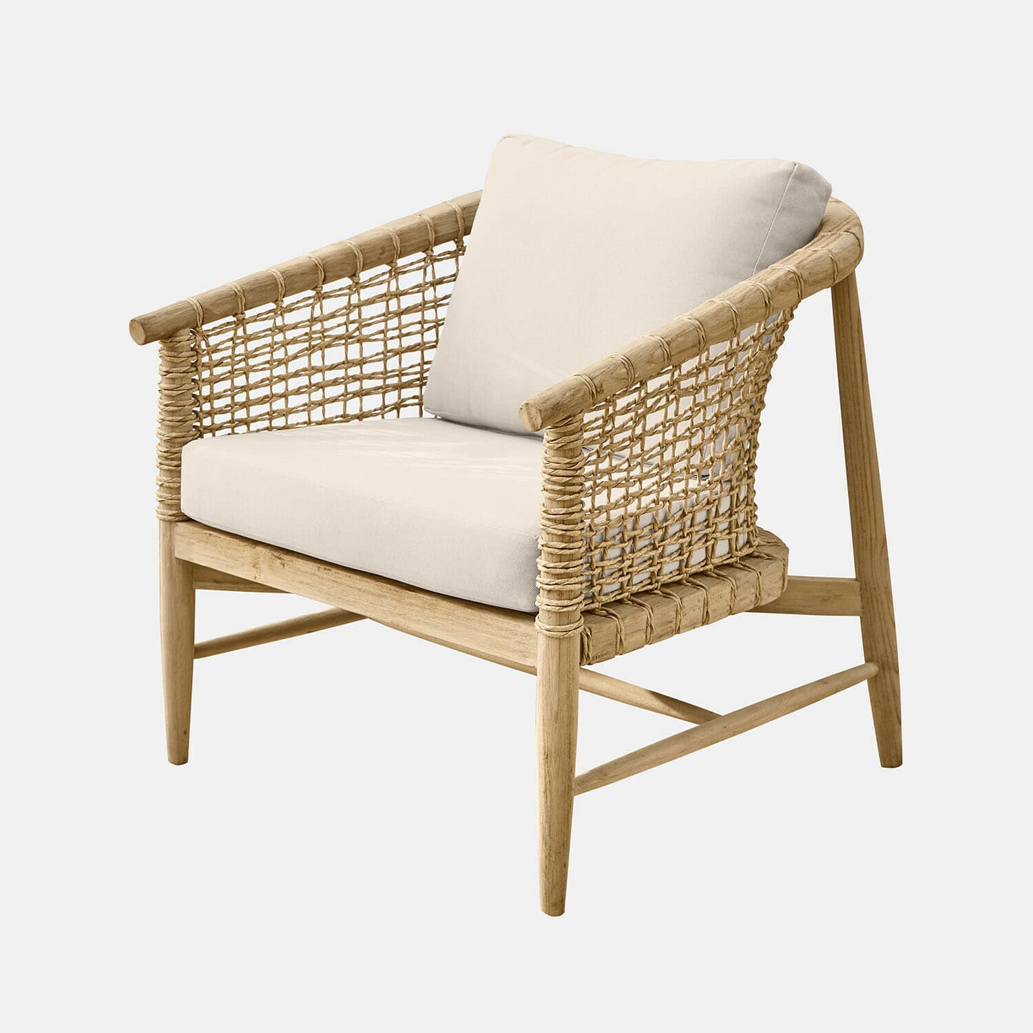 Fauteuil Roselva Stoel van hout en gevlochten materiaal met lichtbeige kussen, stijlvolle woonkamermeubel