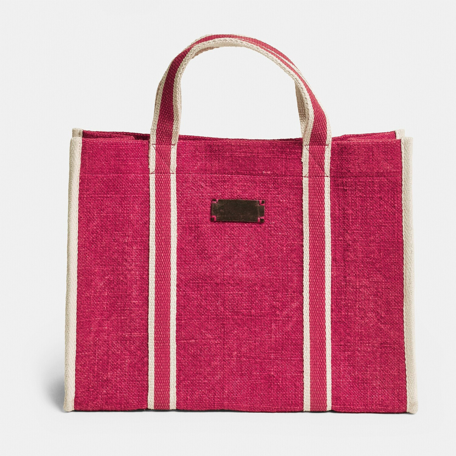 Tas Norisse Rode stoffen tas met beige strepen en handvatten, praktische boodschappentas van stevig materiaal