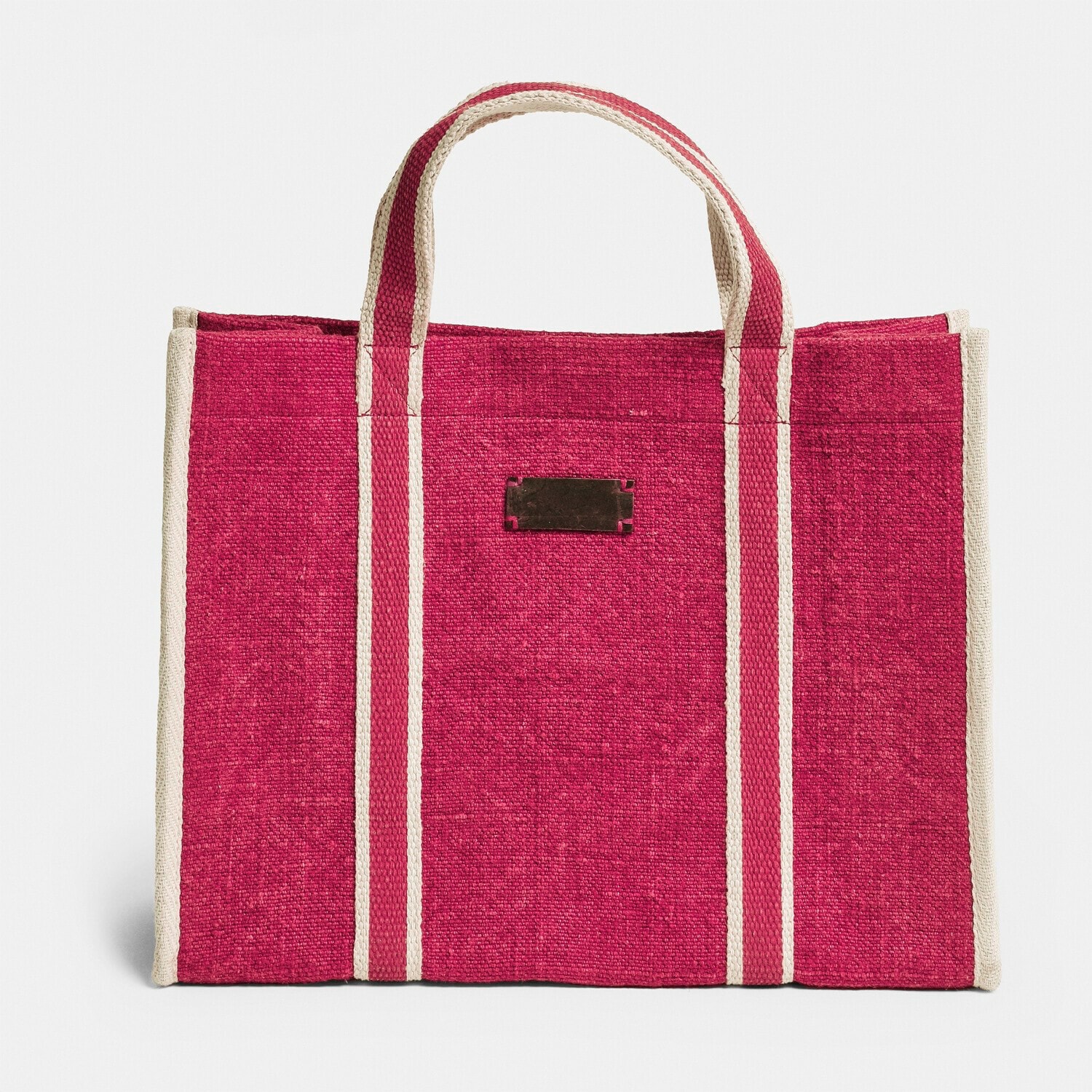 Tas Norisse Rode stoffen tas met beige strepen en handvatten, praktische boodschappentas van stevig materiaal